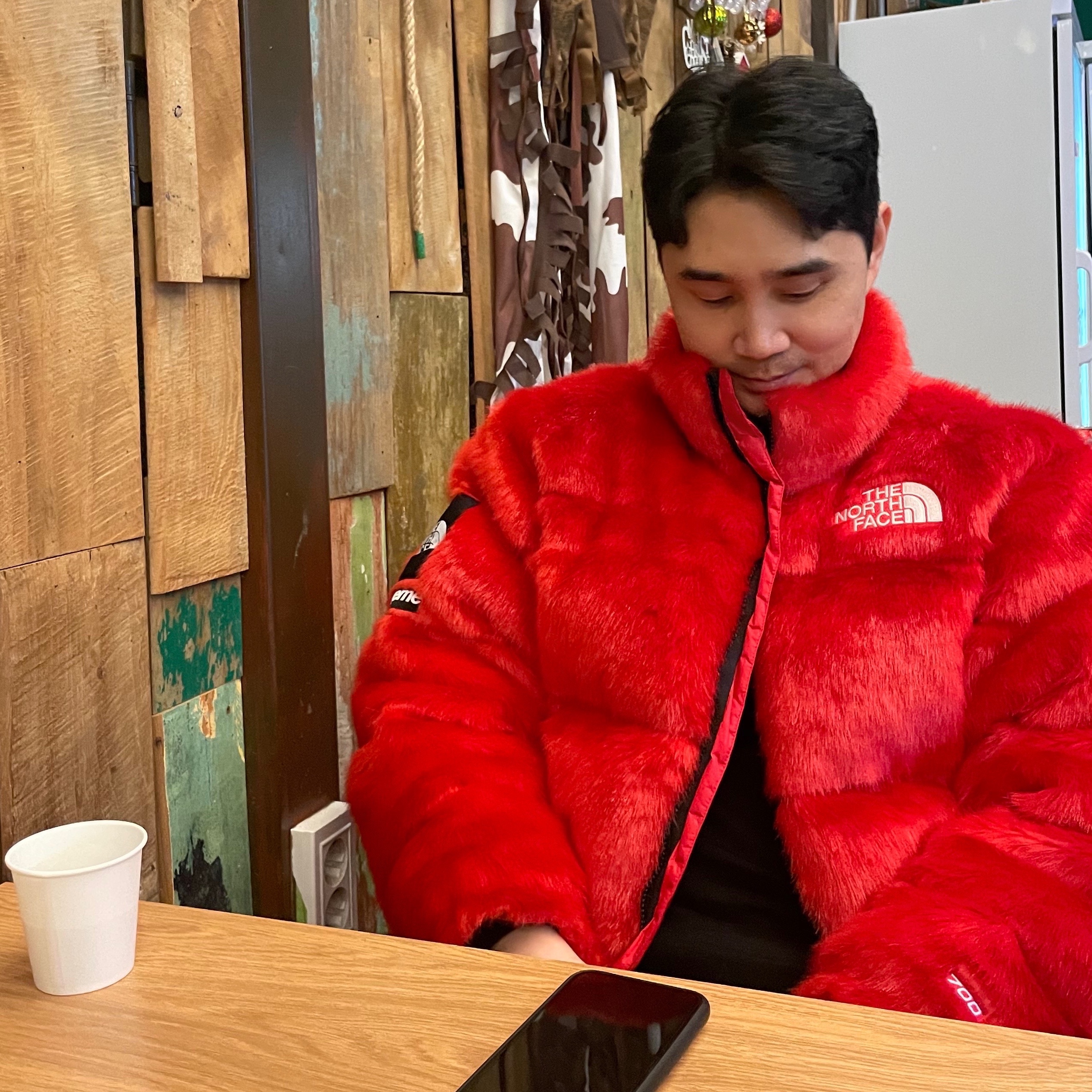 Supreme x The North Face Faux Fur Nuptse Jacket Red - 20FW 착용 스타일 - 1