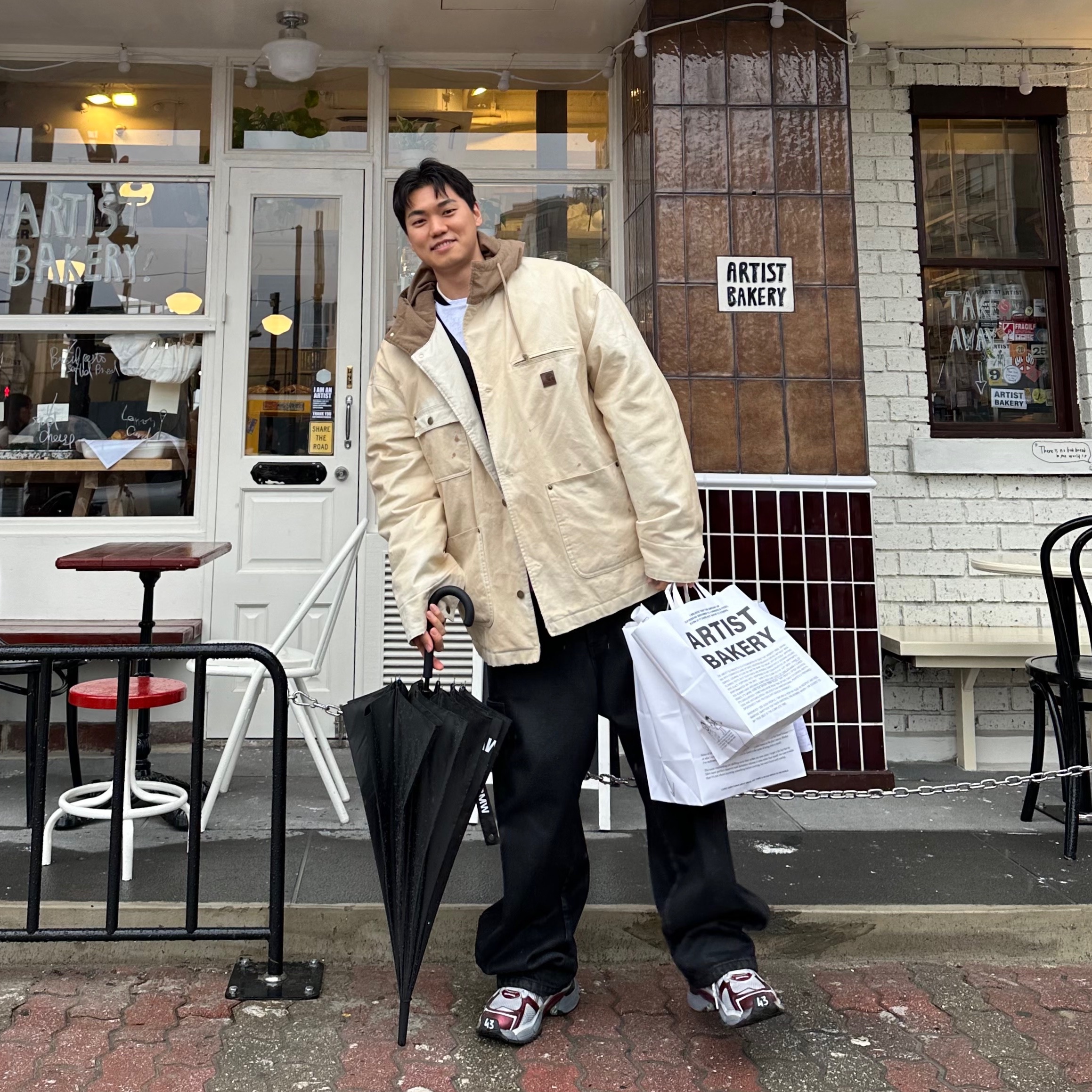 Project G/R Oversized Chore Work Jacket Beige, Balenciaga Runner Sneakers Grey Burgundy 착용 스타일