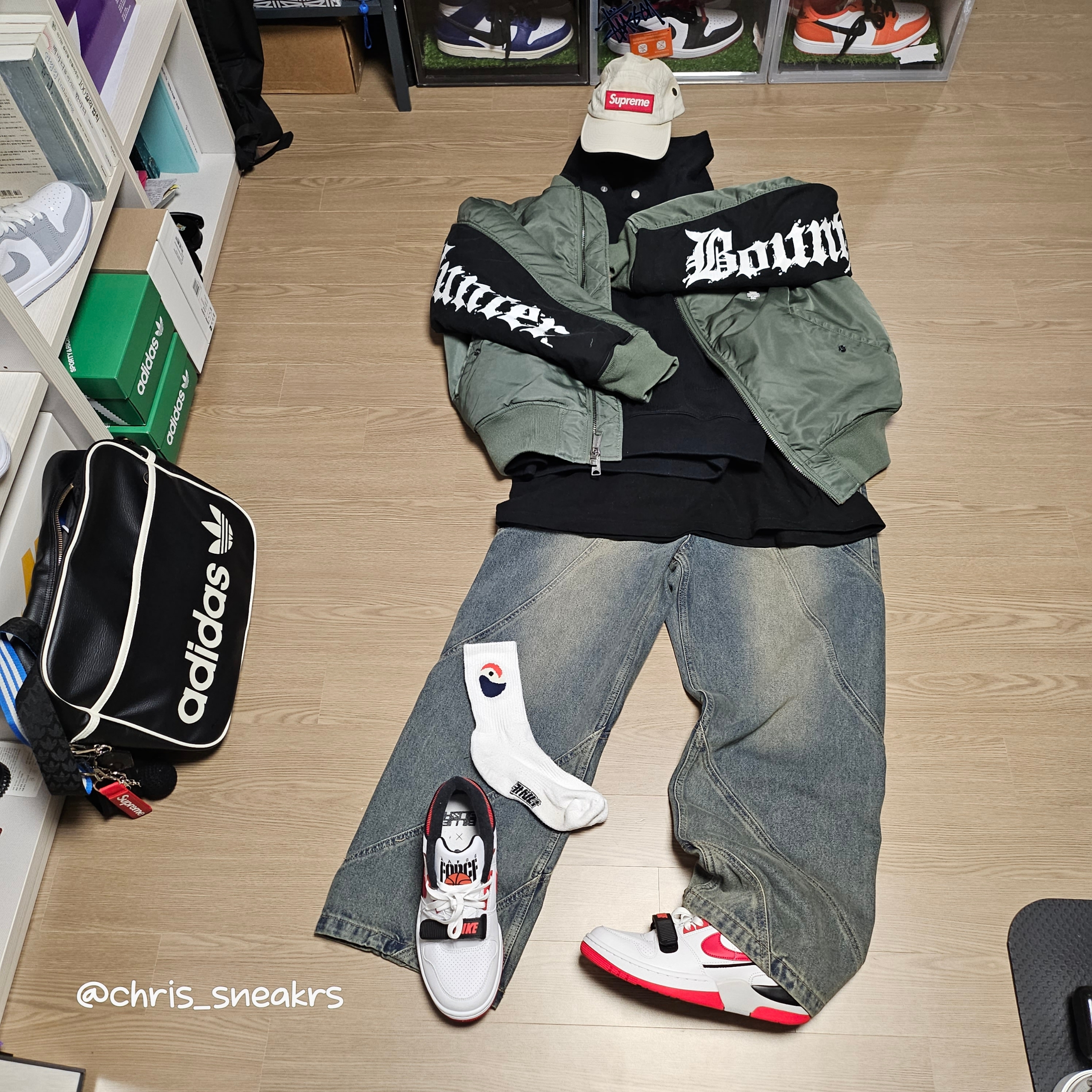 Supreme Military Camp Cap Stone - 22SS, Supreme x Bounty Hunter MA-1 Jacket Olive - 23FW 착용 스타일 - 6