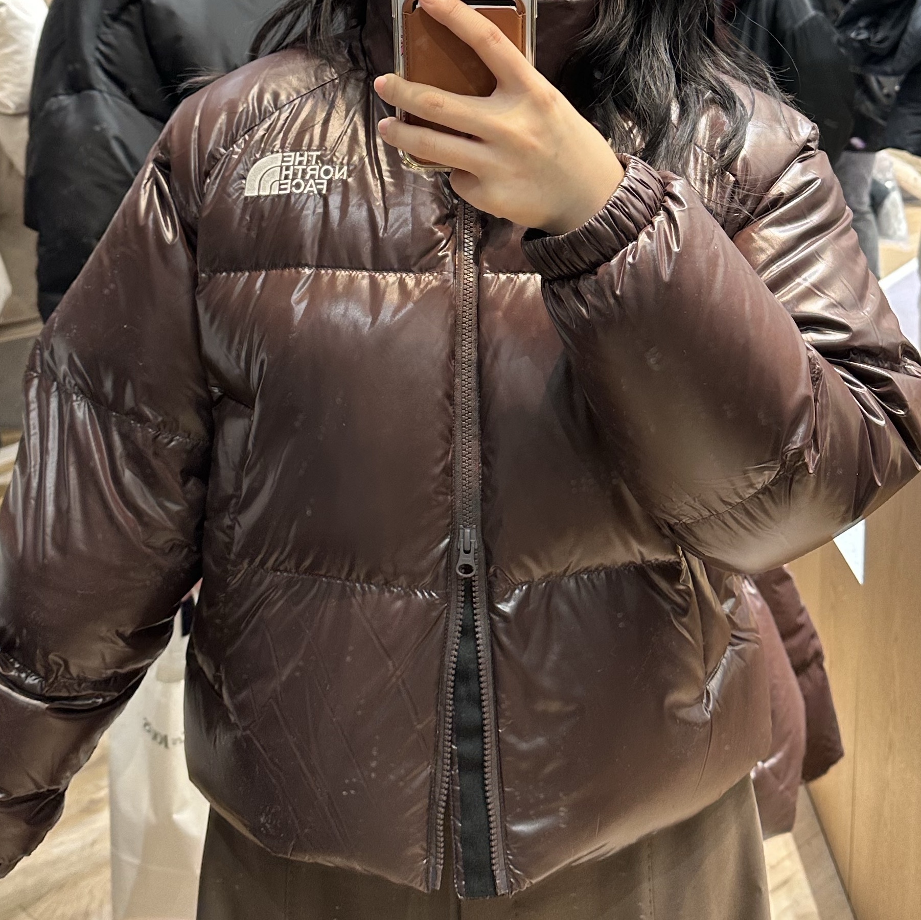 (W) The North Face White Label Neo Puffy Down Jacket Brown 착용 스타일