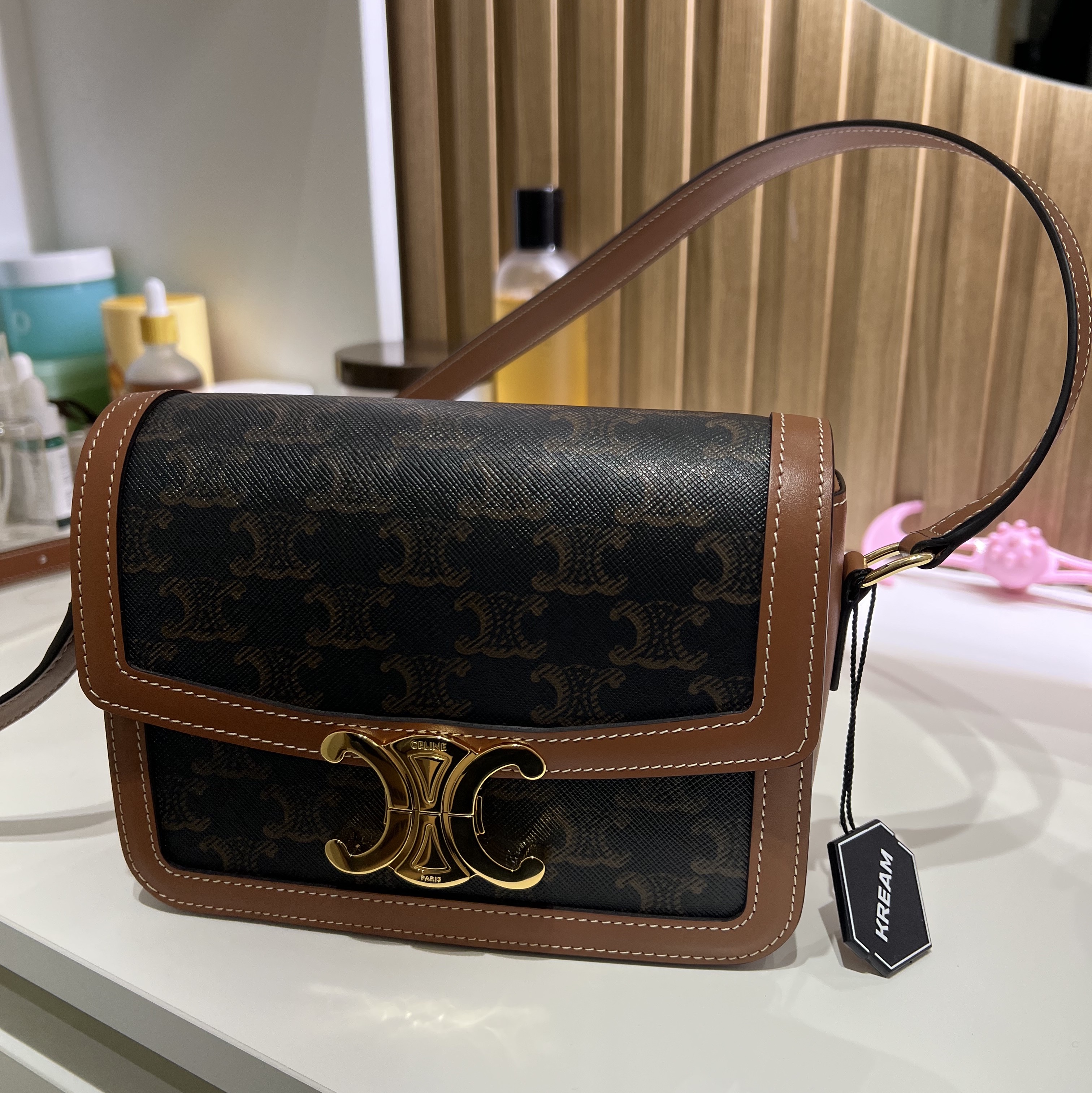 Celine Teen Triomphe Bag in Triomphe Canvas and Calfskin Tan 착용 스타일 - 3