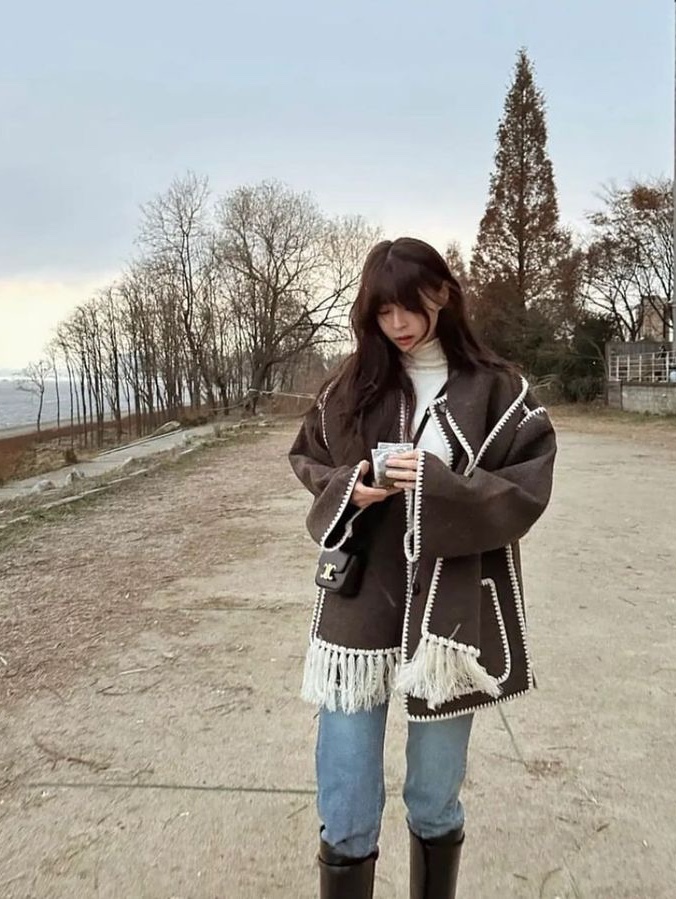 (W) Toteme Embroidered Scarf Jacket Chocolate Melange, (W) Toteme Embroidered Scarf Jacket Dark Grey Melange 착용 스타일 - 2