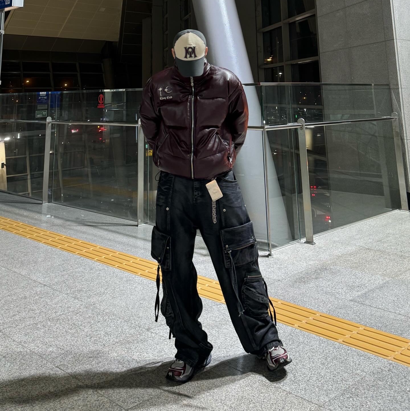 (W) Balenciaga Runner Sneakers Grey Burgundy, Thug Club Leather Puffer Jacket Purple 착용 스타일 - 1