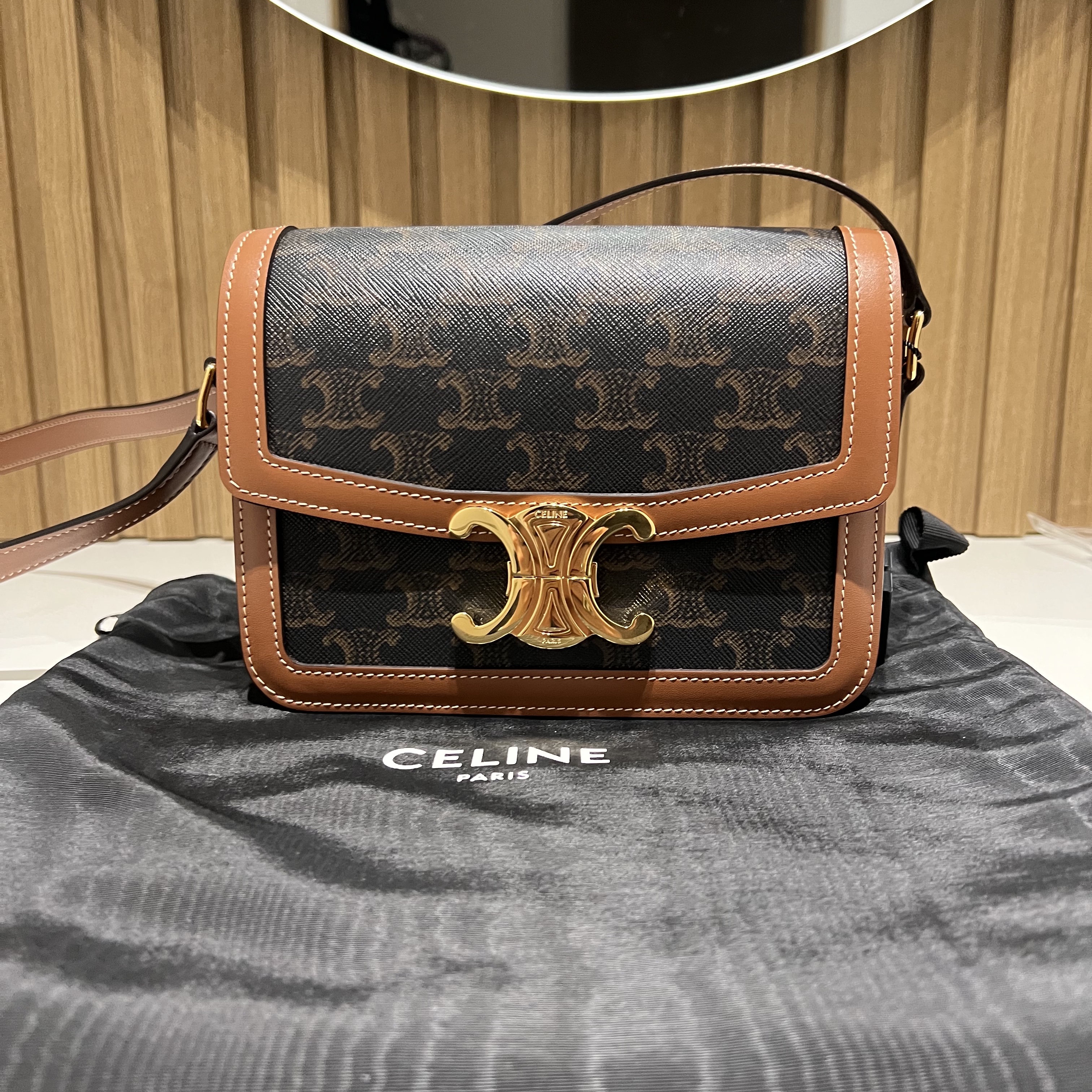Celine Teen Triomphe Bag in Triomphe Canvas and Calfskin Tan 착용 스타일 - 2