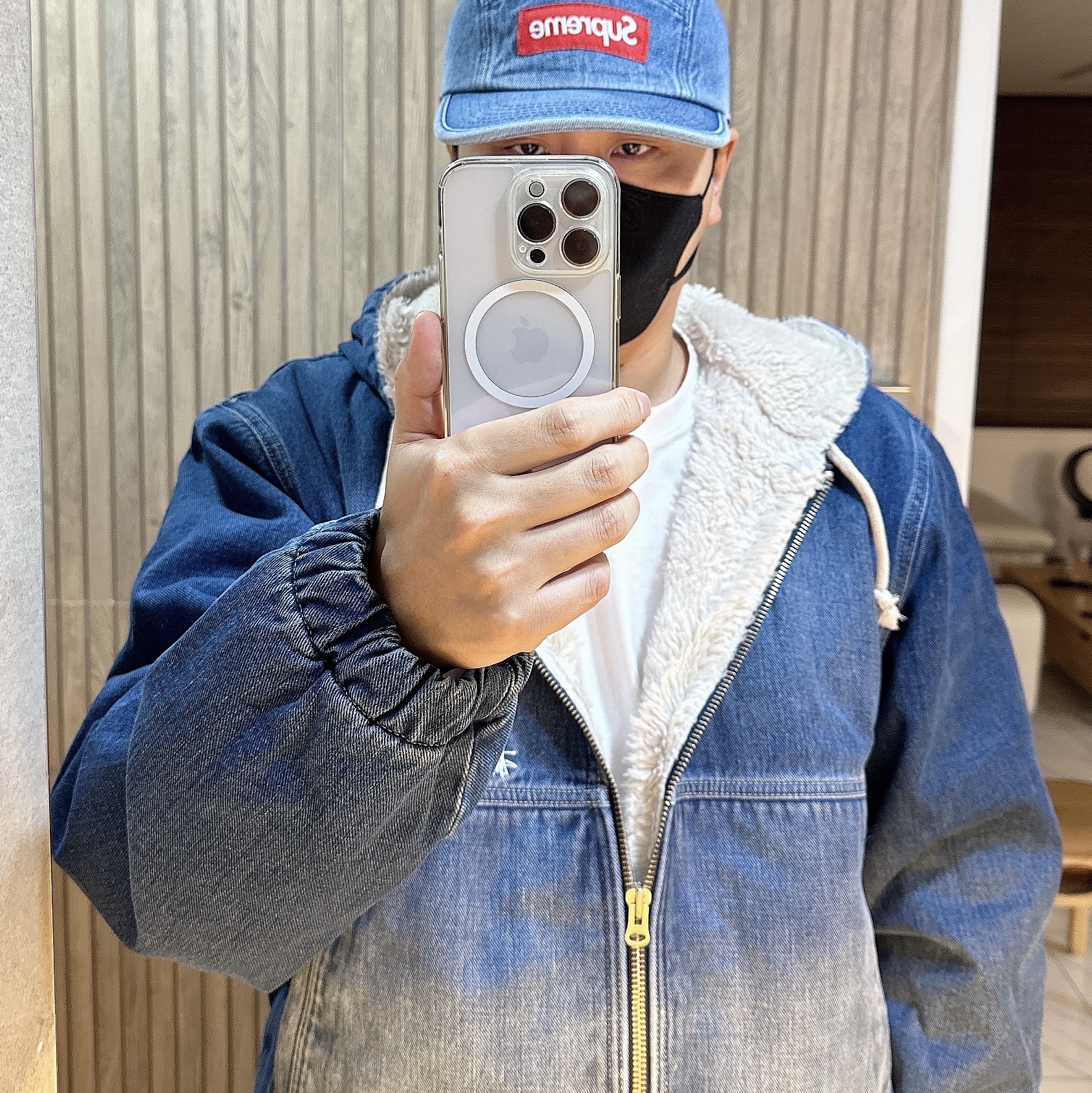 Stussy Denim Sherpa Work Jacket Washed Blue 착용 스타일 - 2
