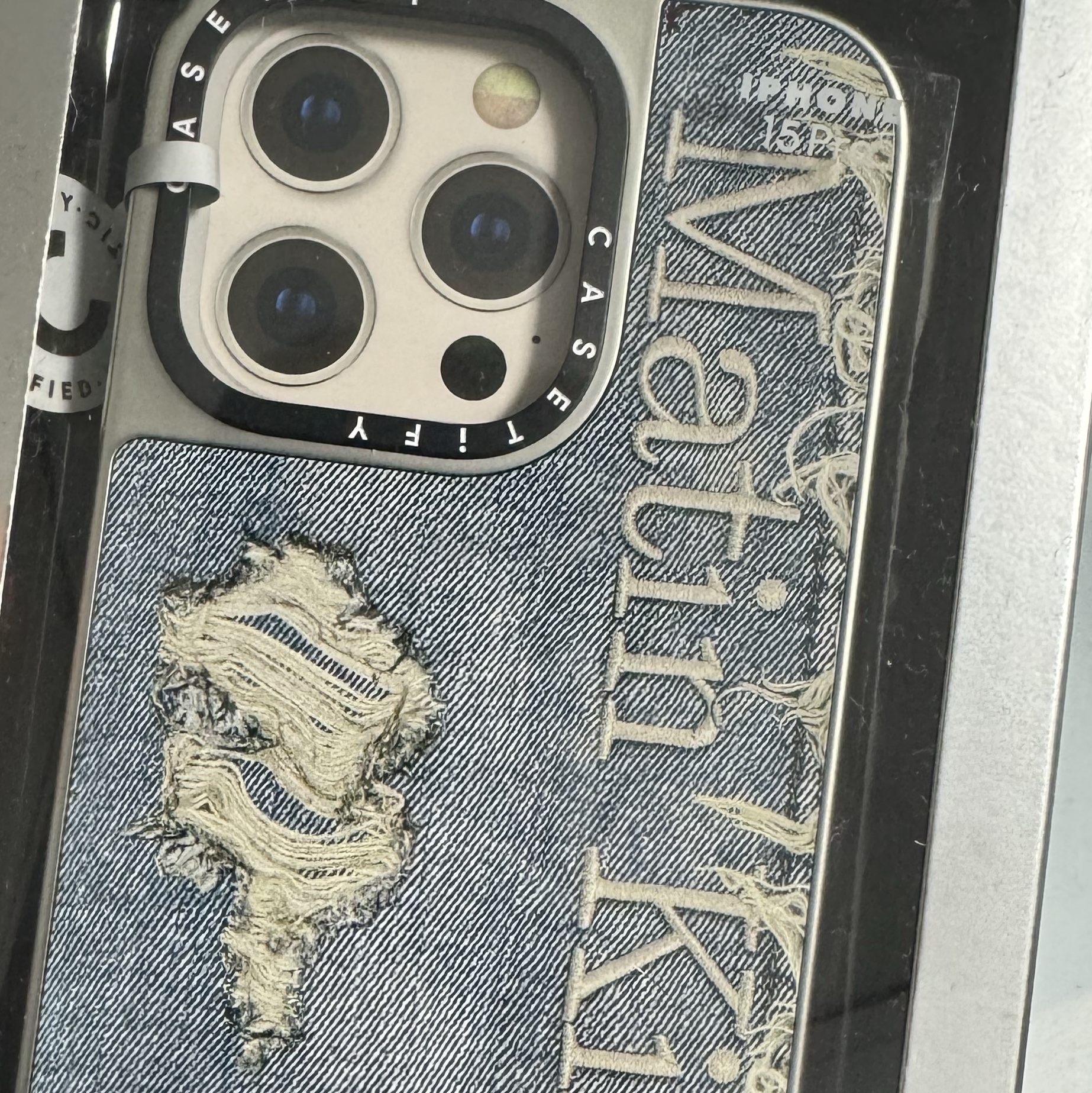Casetify x Matin Kim iPhone Destroyed Denim Magsafe Mirror Case Silver 착용 스타일