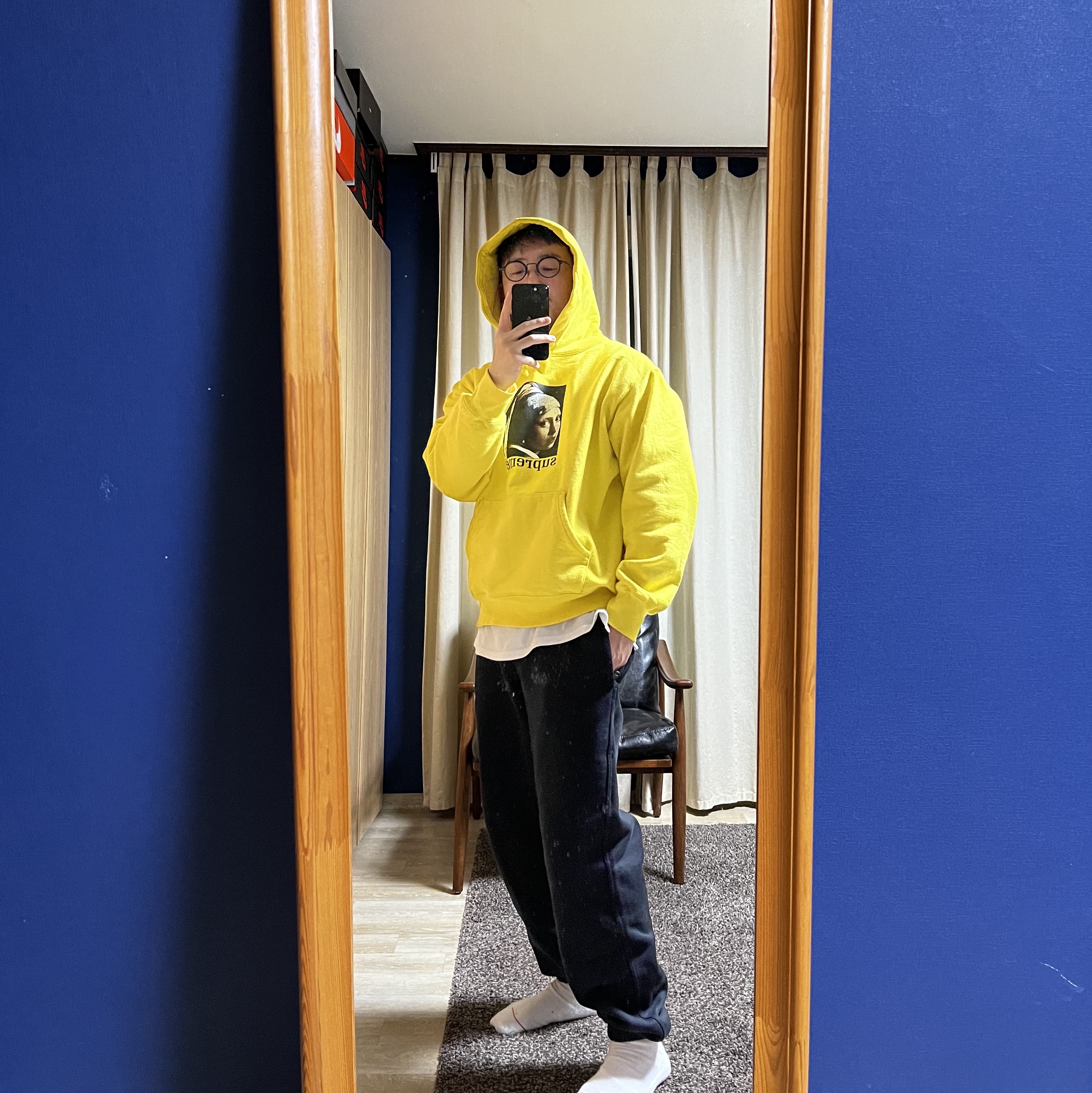 Supreme Pearl Hooded Sweatshirt Lemon - 20FW, Nike x Stussy NRG Washed Fleece Pants Black (DO5296-010) 착용 스타일