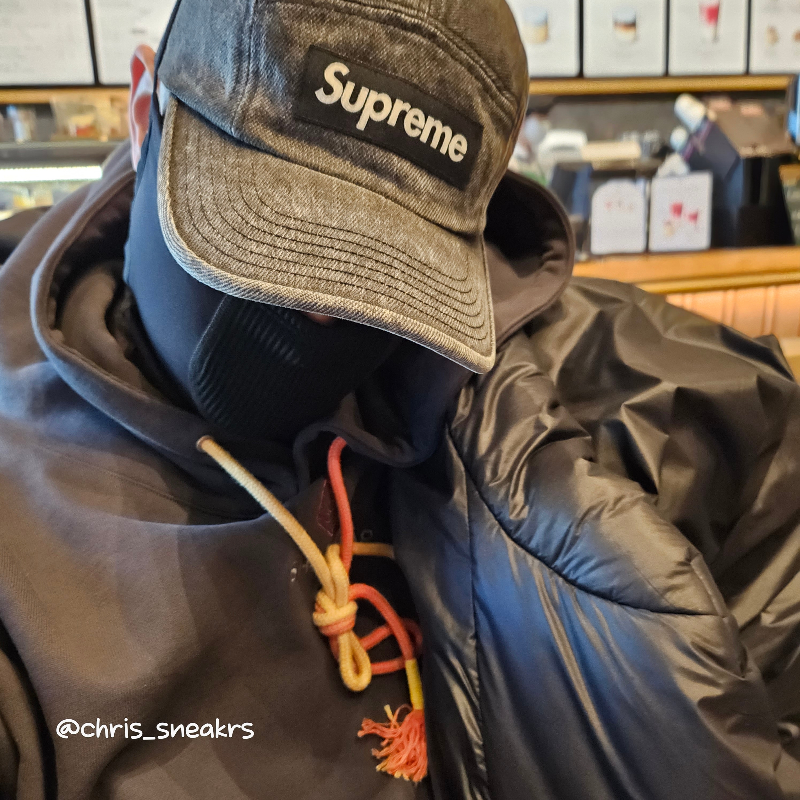 HRTM x NAROO V101 Half Balaclava Black, Supreme Denim Camp Cap Washed Black - 22FW 착용 스타일