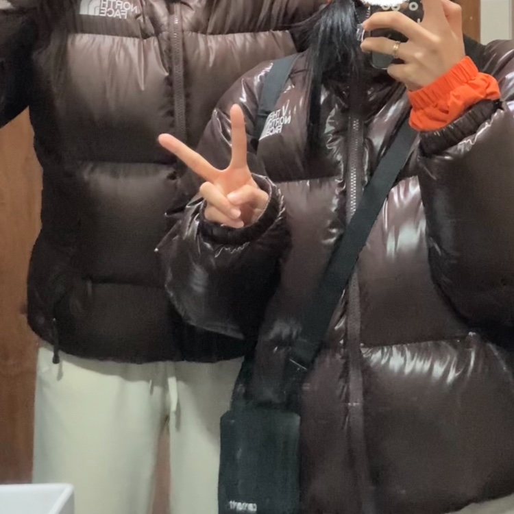 (W) The North Face White Label Neo Puffy Down Jacket Brown 착용 스타일