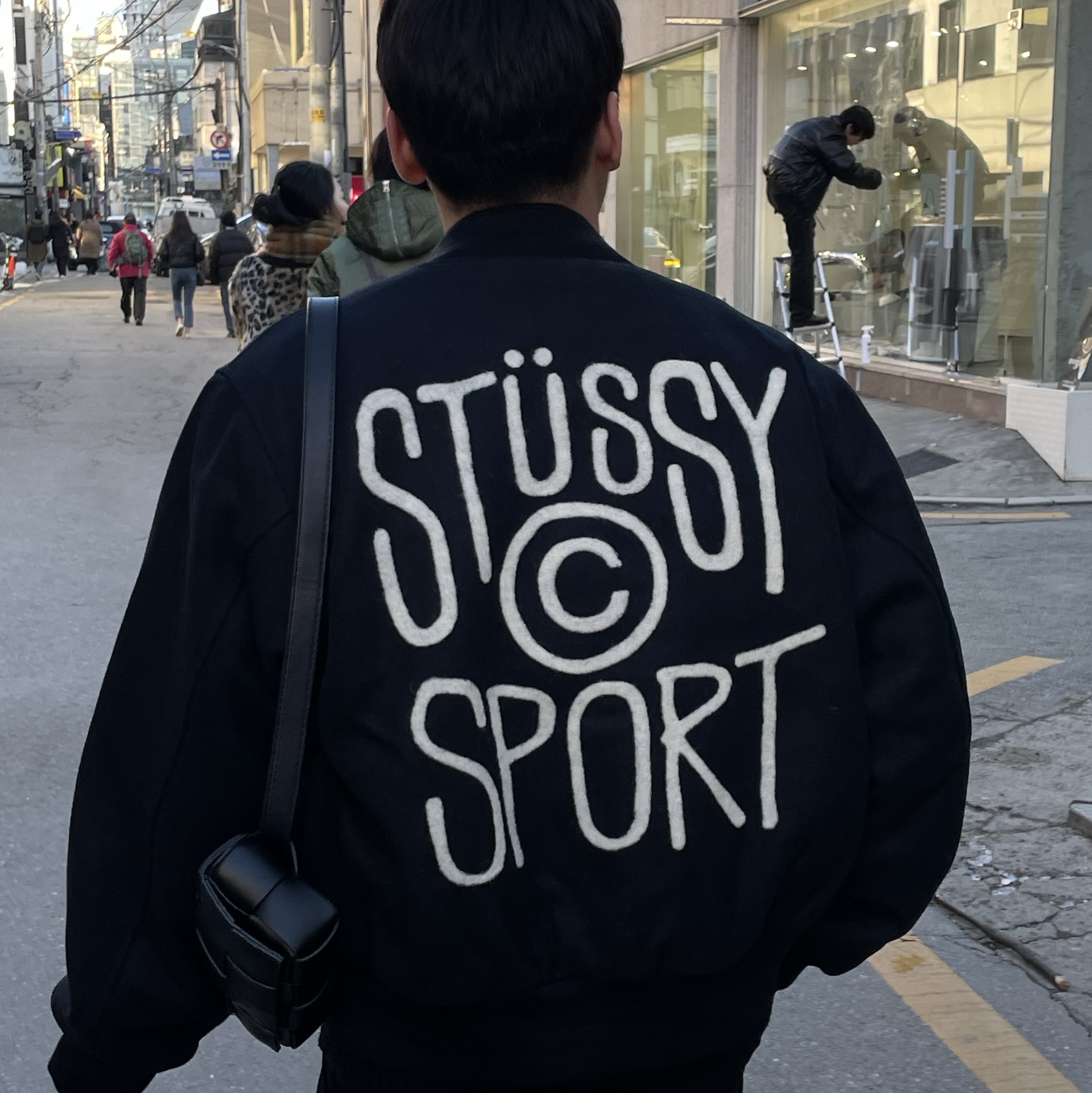 Stussy Sport Melton Varsity Jacket Black 착용 스타일 - 1