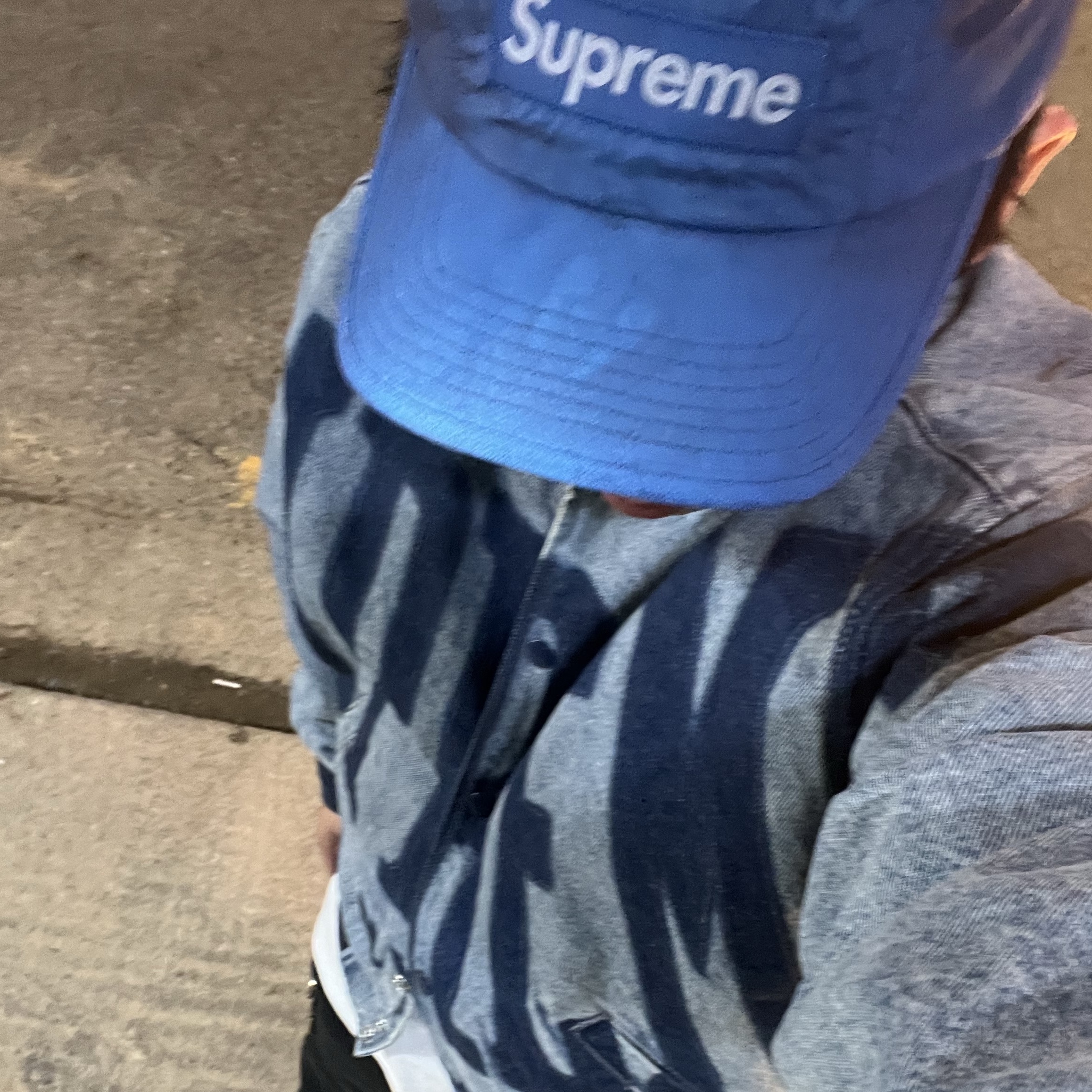 Supreme Reflective Dyed Camp Cap Blue - 21SS, Supreme Washed Knockout Denim Varsity Jacket Washed Blue - 23SS 착용 스타일