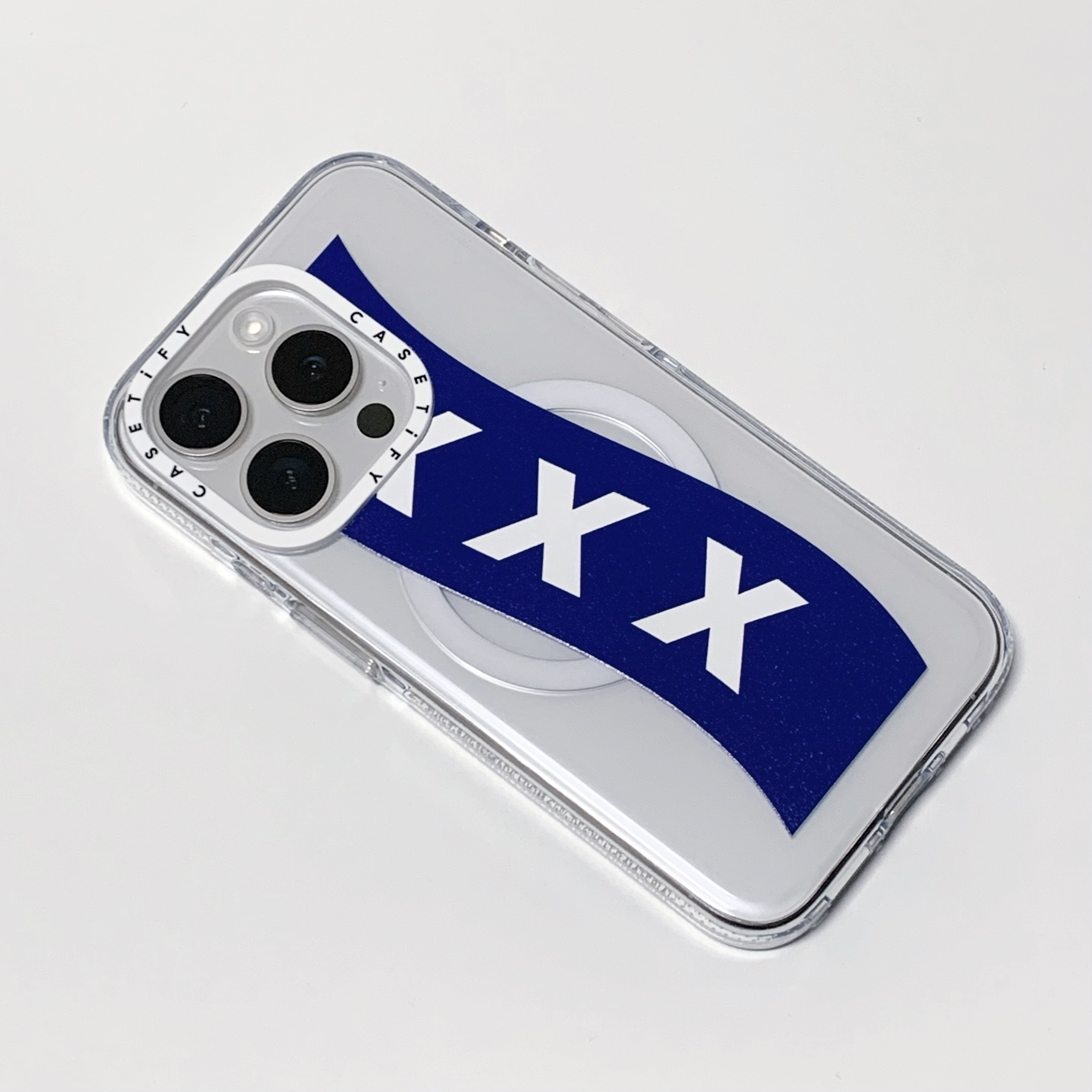 Casetify x Fragment x God Selection XXX Box Logo Blue iphone Magsafe Case Clear White Camera Ring Case 착용 스타일