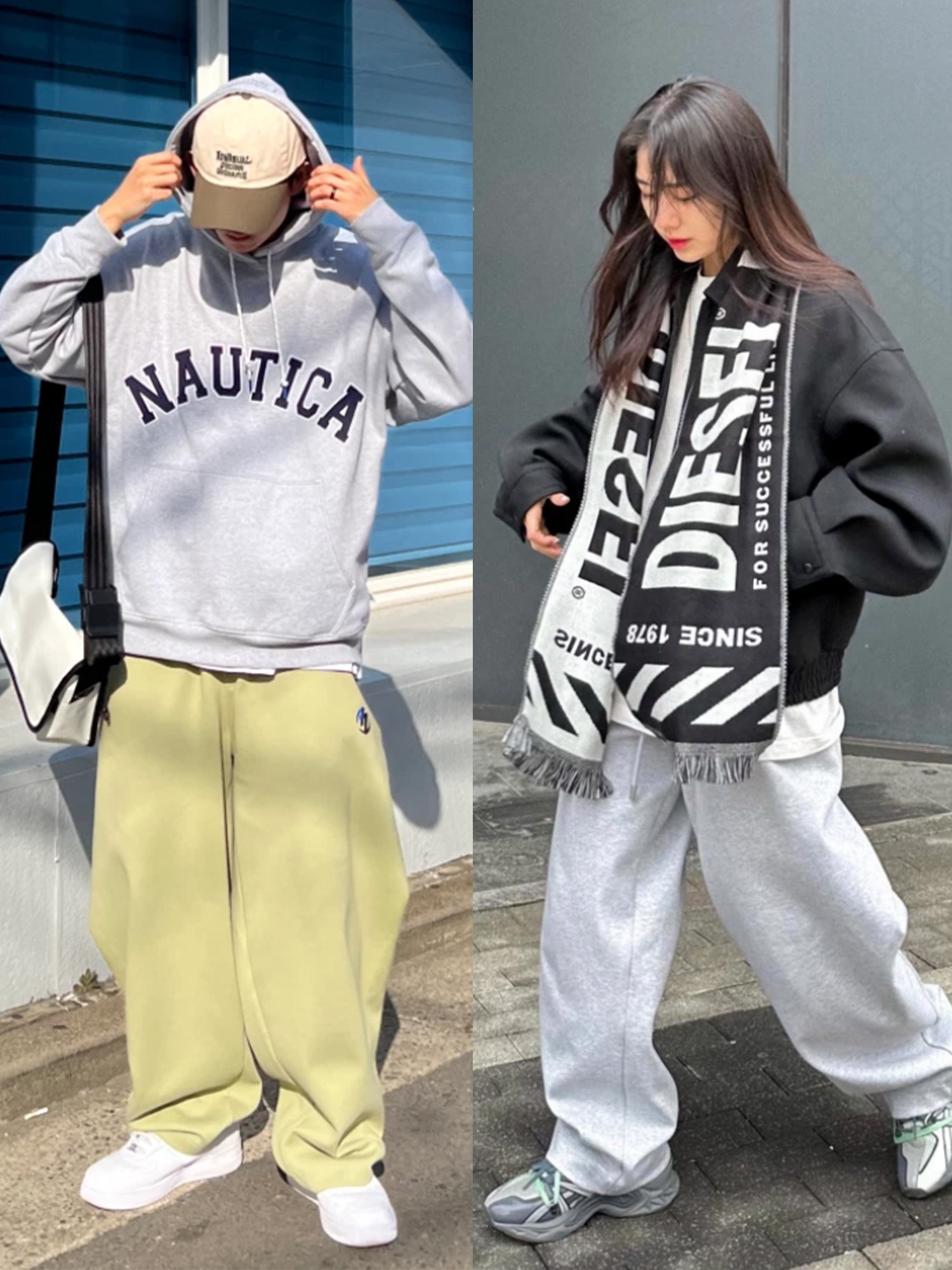 (W) Nike Air Force 1 '07 Low White, Zara x Ader Error Jogger Pants Light Green 착용 스타일 - 2