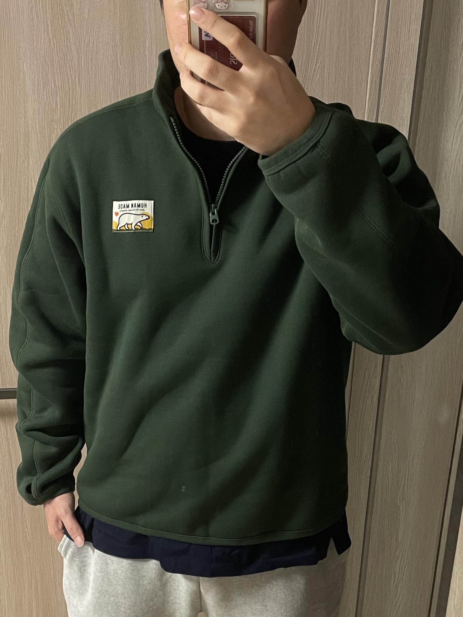 Human Made Fleece Sweat Half Zip Pullover Green 착용 스타일 - 2