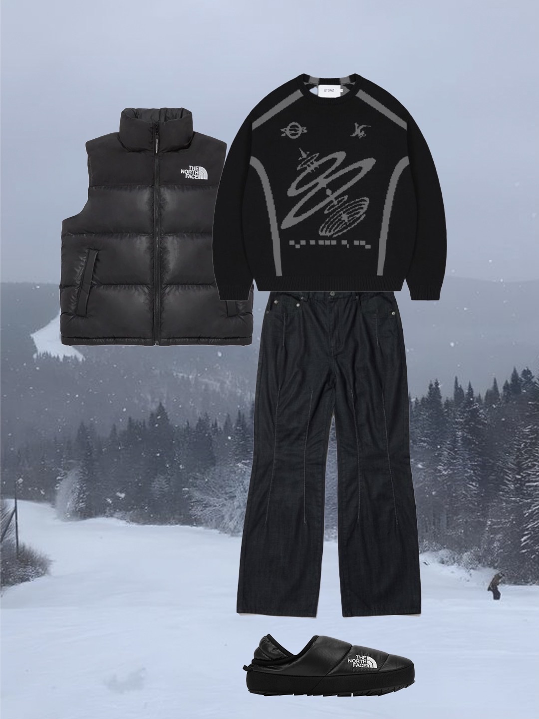 The North Face Nuptse Mule Black, The North Face Nuptse On Ball Vest Real Black 착용 스타일 - 2