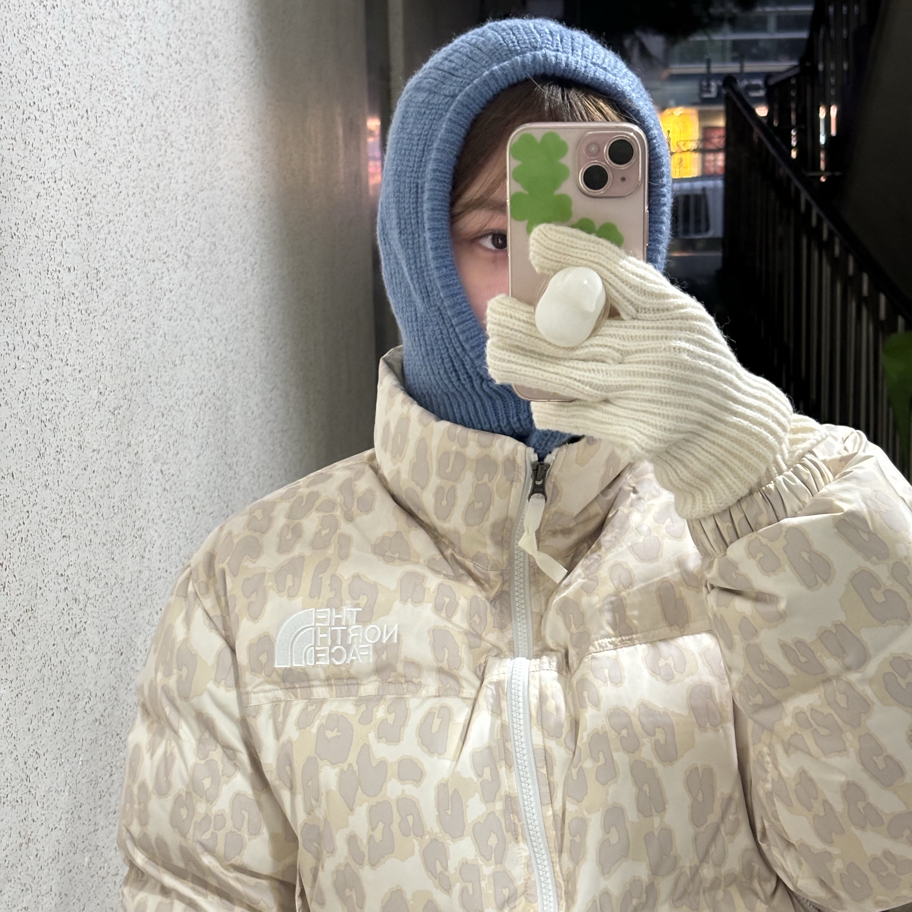 (W) The North Face Print Nuptse Short Jacket Silver Grey Leopard Print 착용 스타일