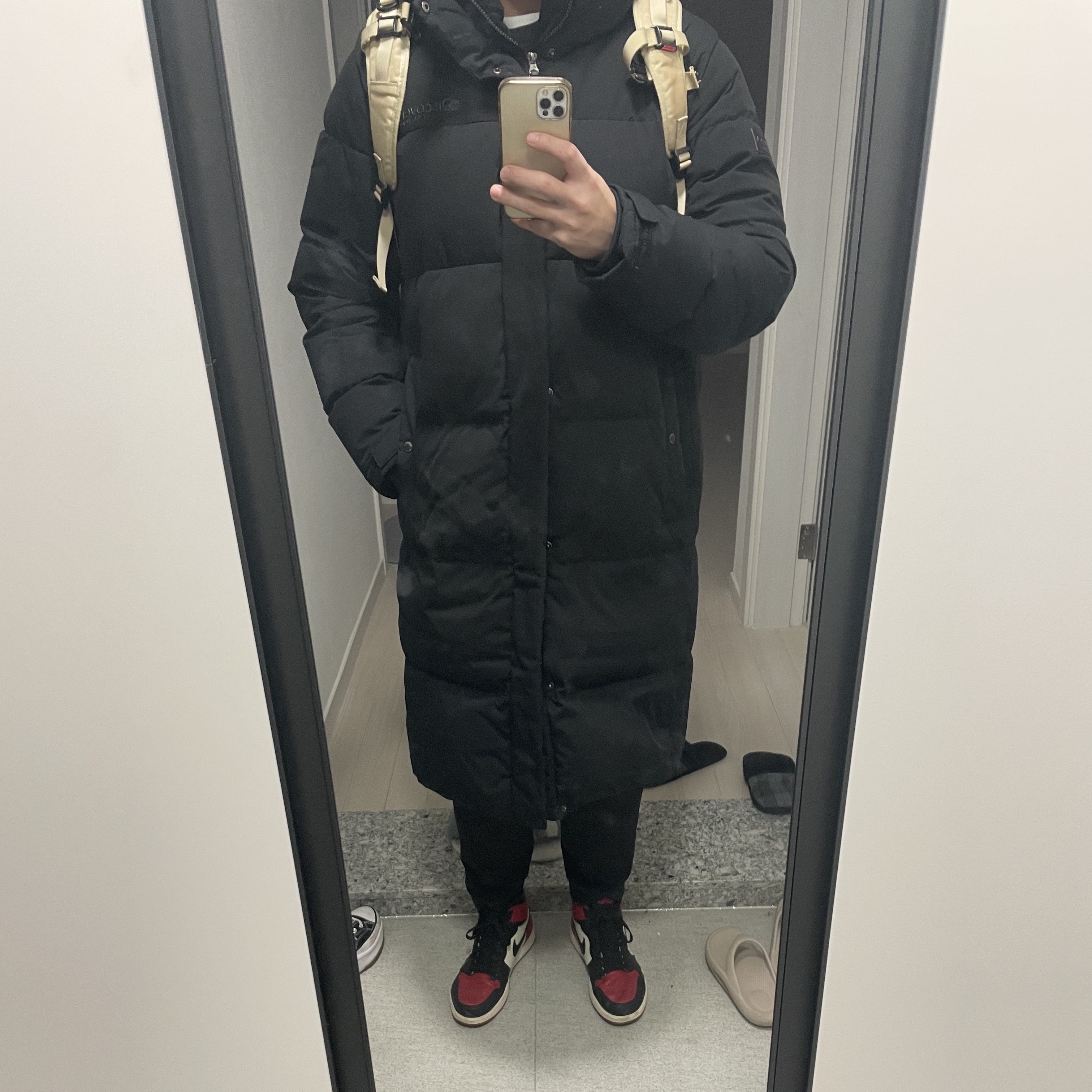 Jordan 1 Retro High OG Bred Toe, Supreme Backpack Tan - 18SS 착용 스타일