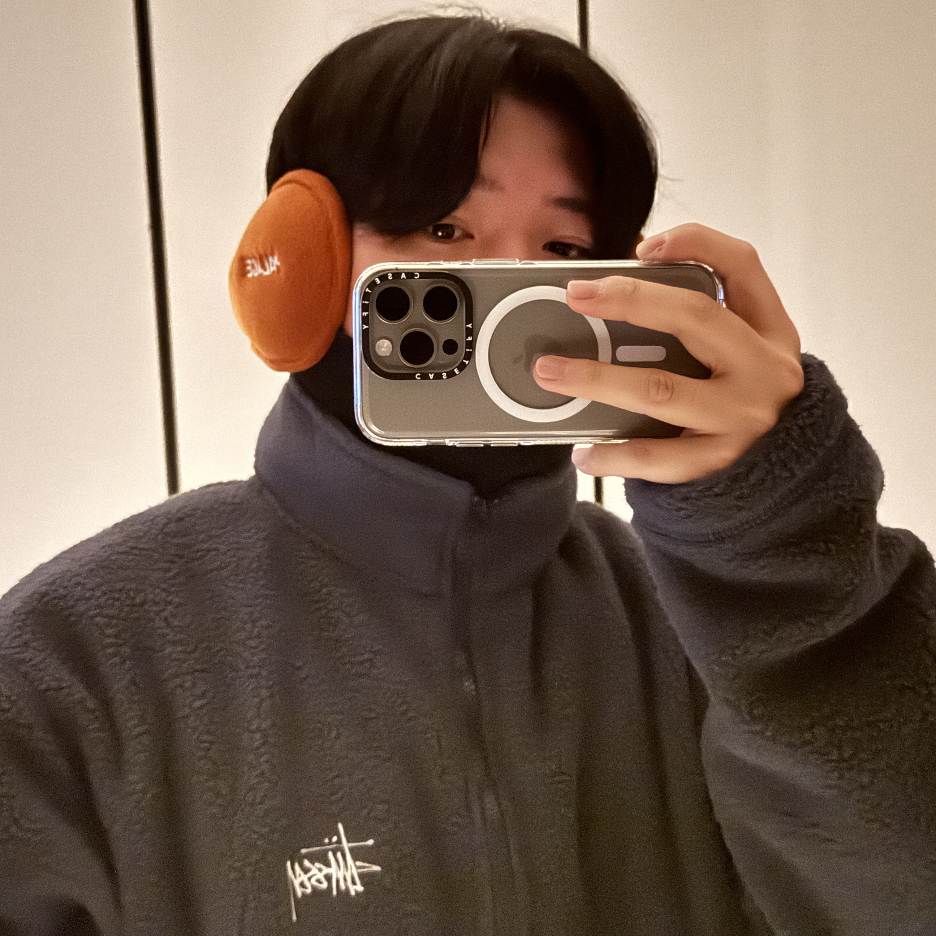 Palace Polartec Earwarmer Orange - 23FW, Stussy Half Zip Mock Neck Navy 착용 스타일