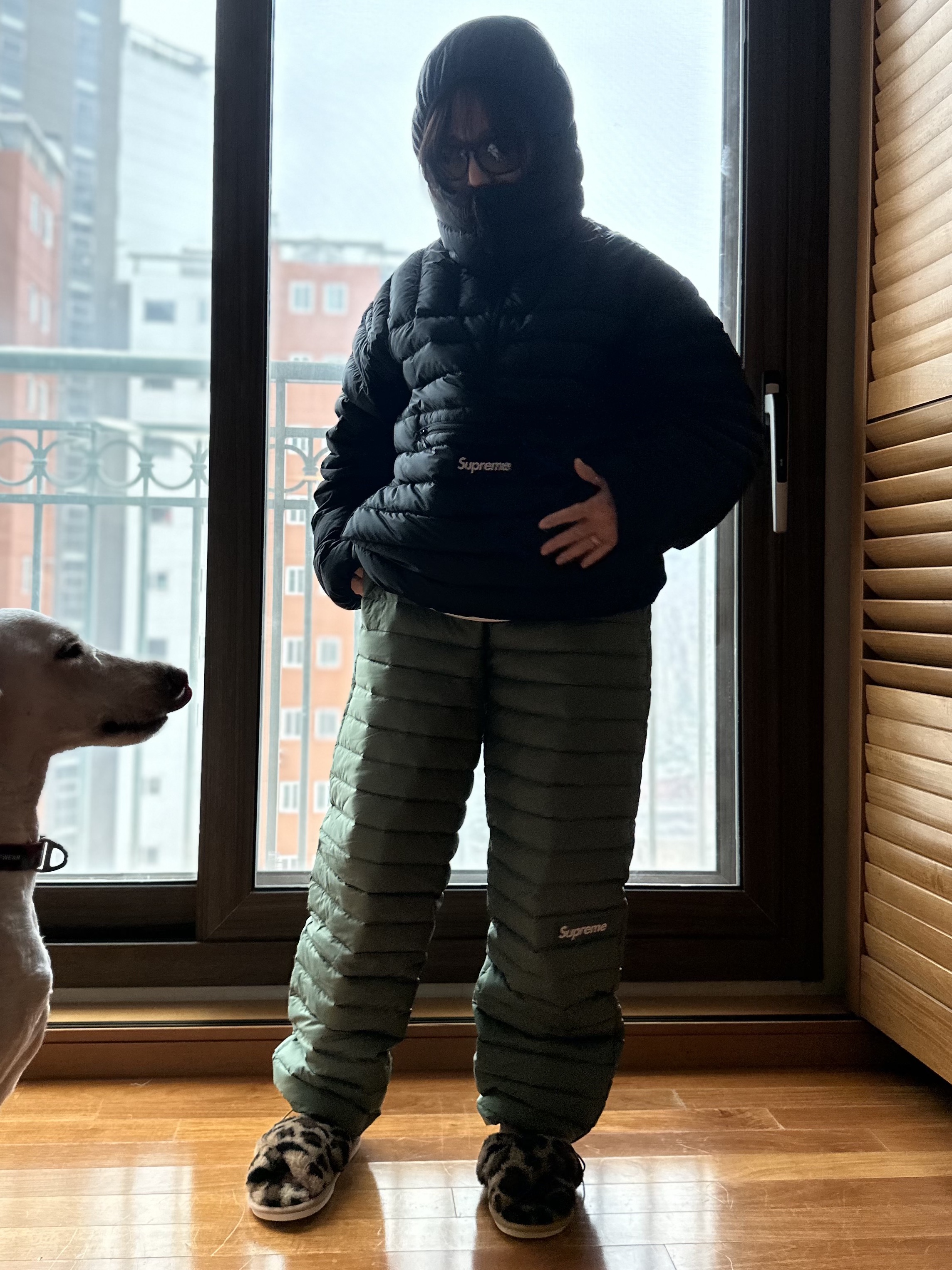 Supreme Micro Down Pant Olive - 23FW, Supreme Micro Down Half Zip Hooded Pullover Black - 23FW 착용 스타일 - 1