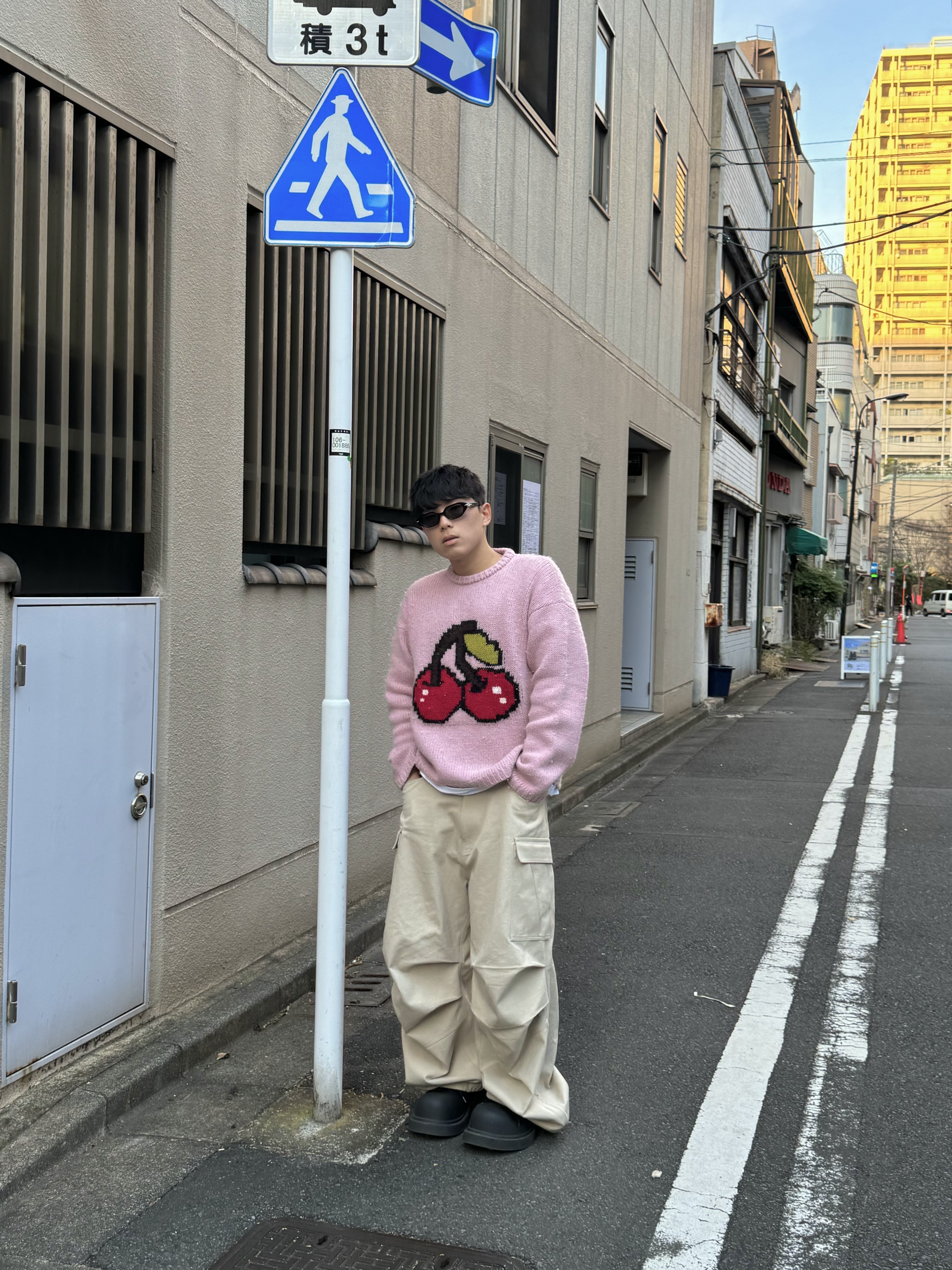 Nonnod Side Zip Cargo Pants Beige, Our Legacy Sonar Roundneck Candyfloss Cherry Acrylic 착용 스타일 - 2