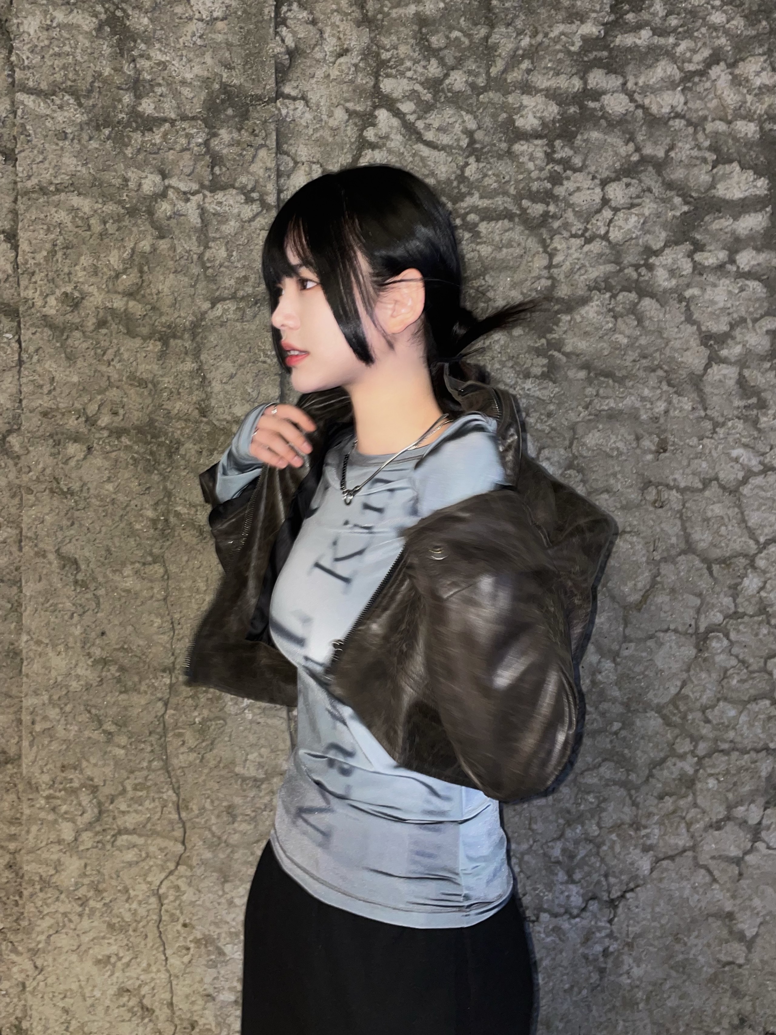 (W) Bohemian Seoul Vintage Leather Short Jacket Brown 착용 스타일