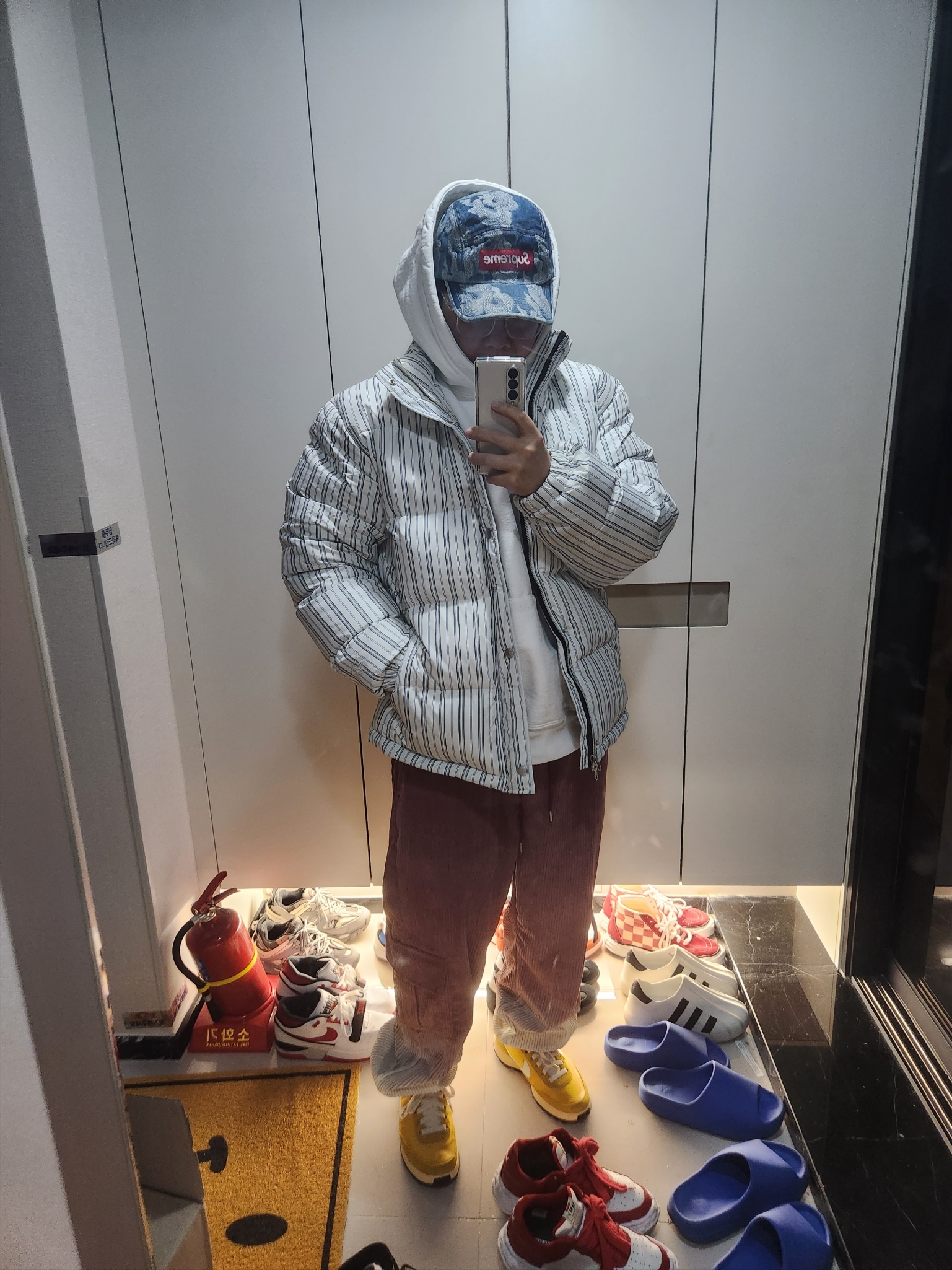 Nike x Tom Sachs General Purpose Shoe Archive, Stussy Stripe Down Puffer Jacket Bone 착용 스타일