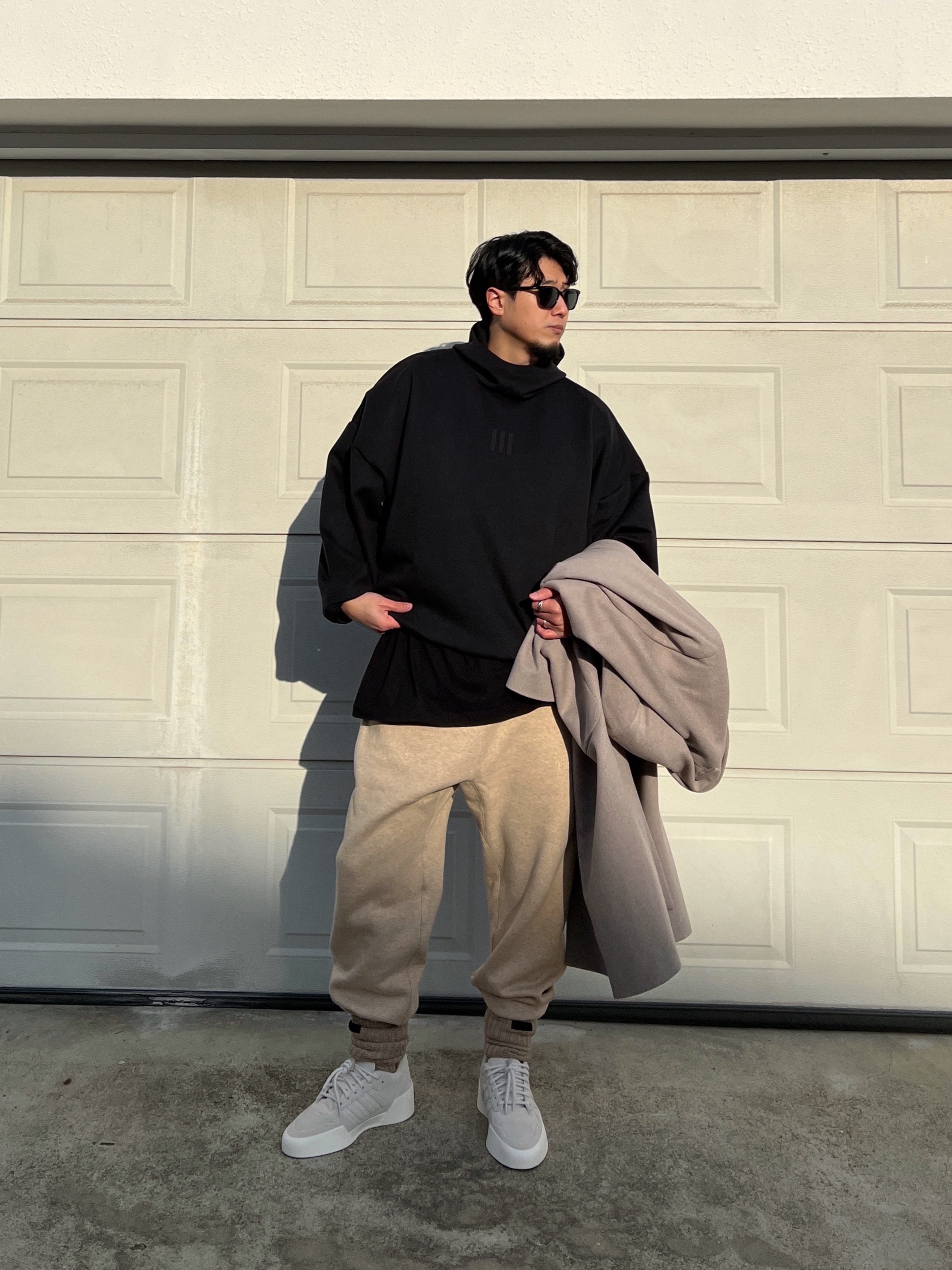 Adidas x Fear of God Athletics Suede Fleece Hoodie Black - KR Sizing, Adidas x Fear of God Athletics 86 Low Talc 착용 스타일