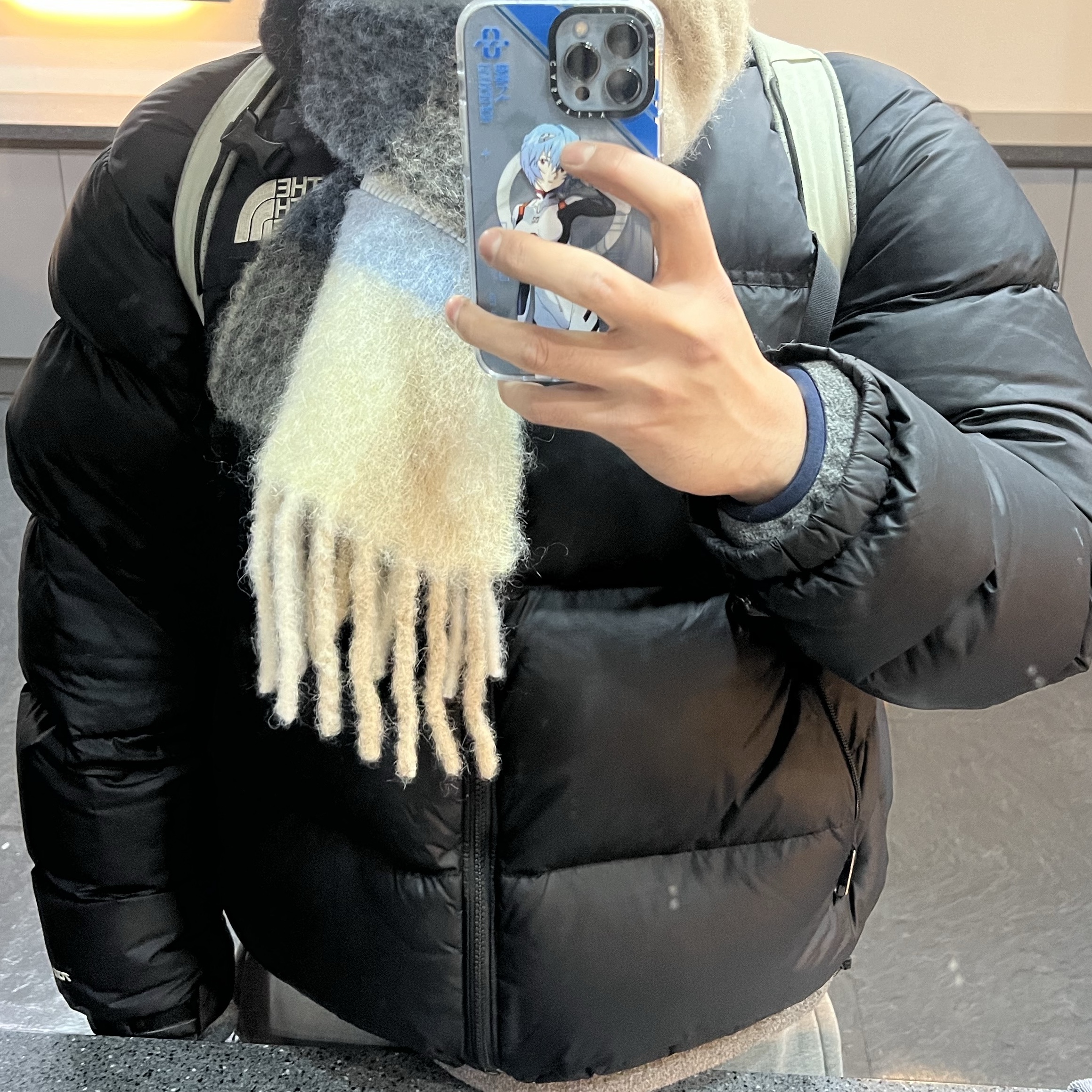 Acne Studios Mohair Check Muffler Blue Beige Black 착용 스타일