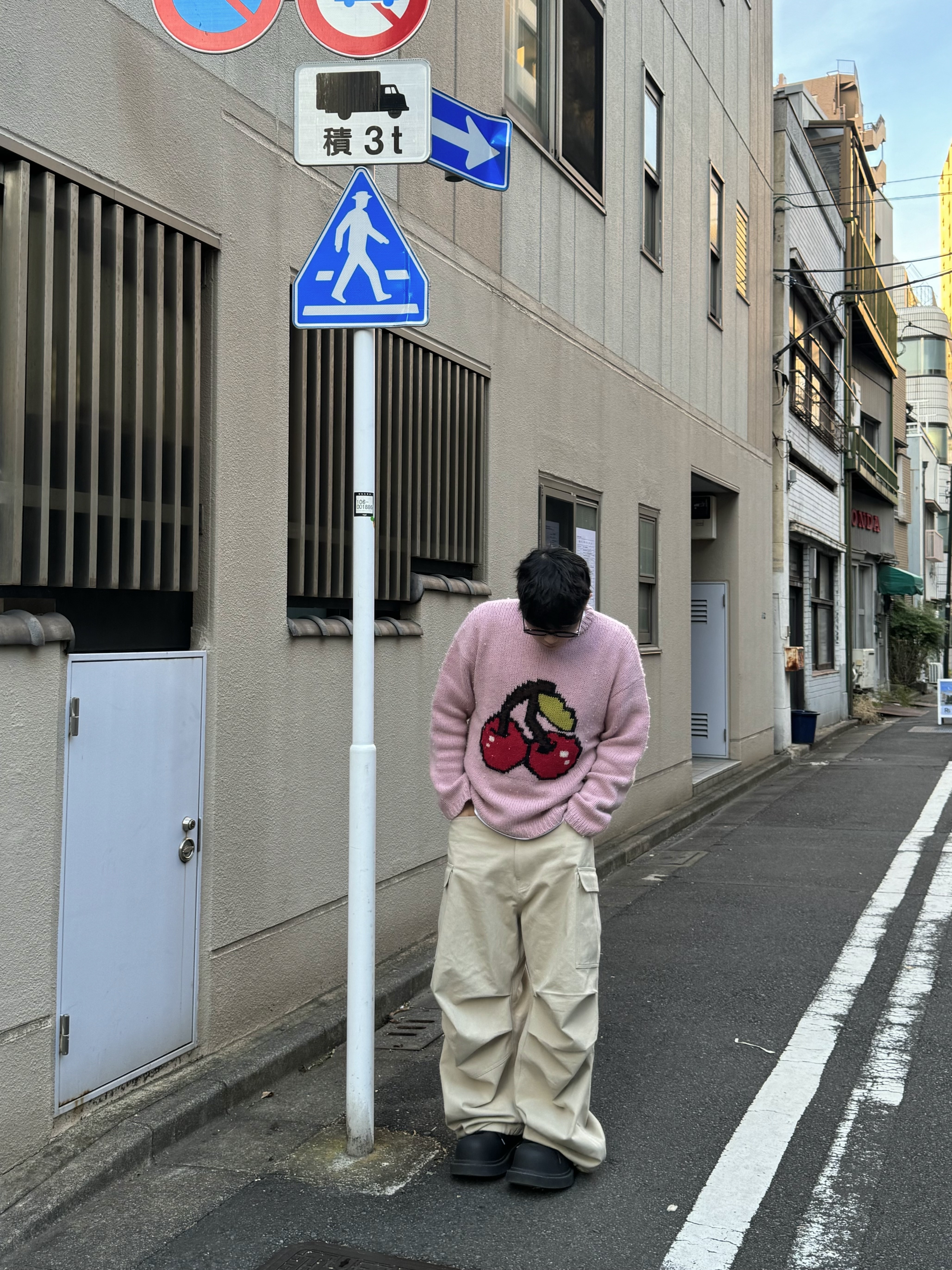 Nonnod Side Zip Cargo Pants Beige, Our Legacy Sonar Roundneck Candyfloss Cherry Acrylic 착용 스타일 - 1