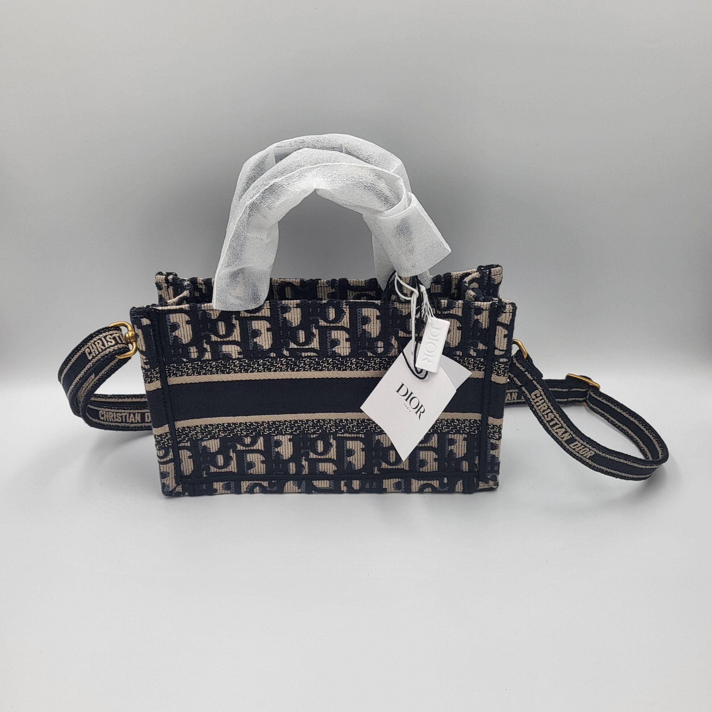 Mini Dior Book Tote with Strap Blue Beige Oblique Embroidery 착용 스타일 - 5