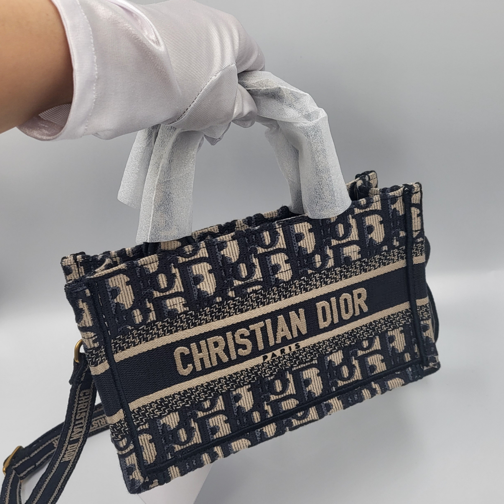 Mini Dior Book Tote with Strap Blue Beige Oblique Embroidery 착용 스타일 - 9