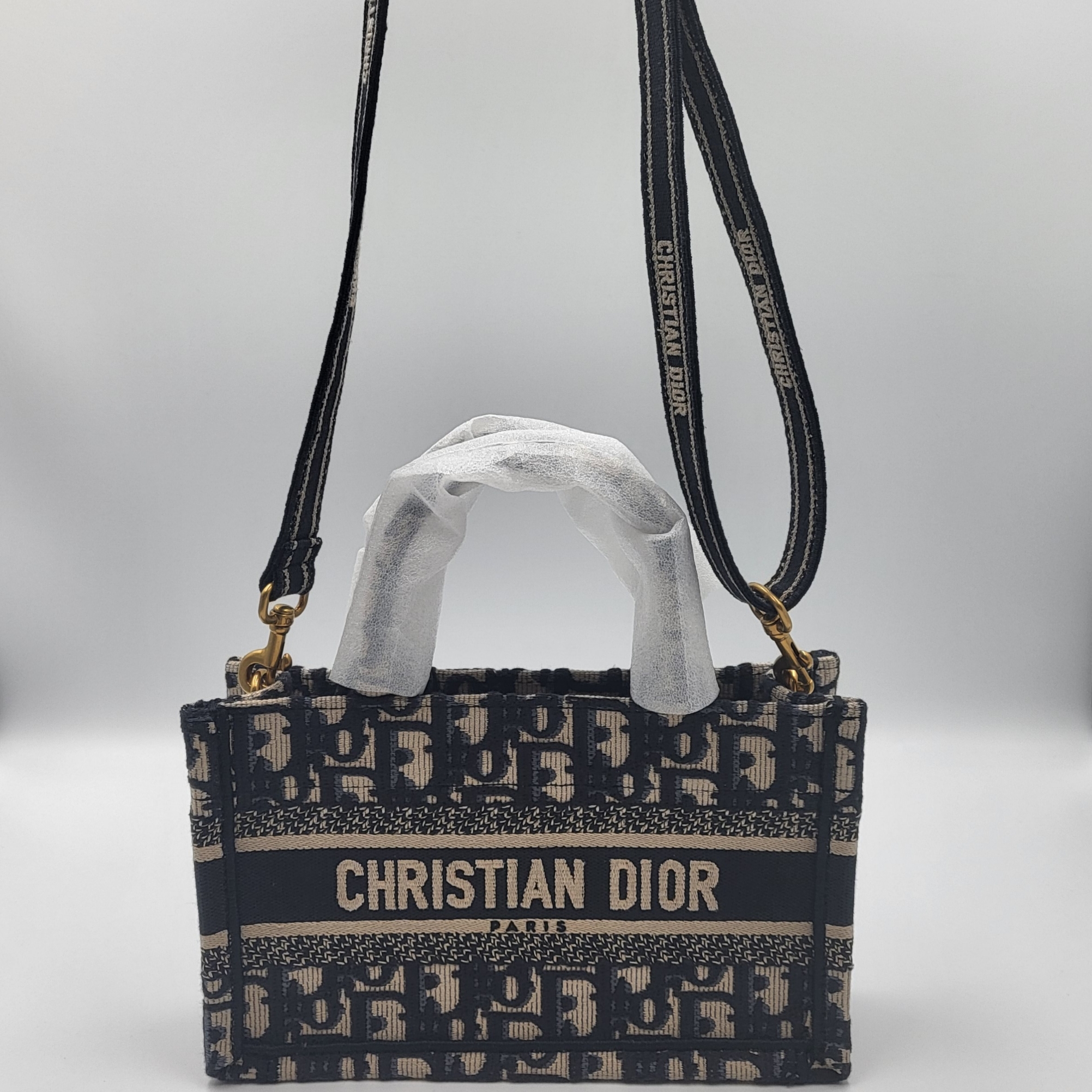 Mini Dior Book Tote with Strap Blue Beige Oblique Embroidery 착용 스타일 - 4