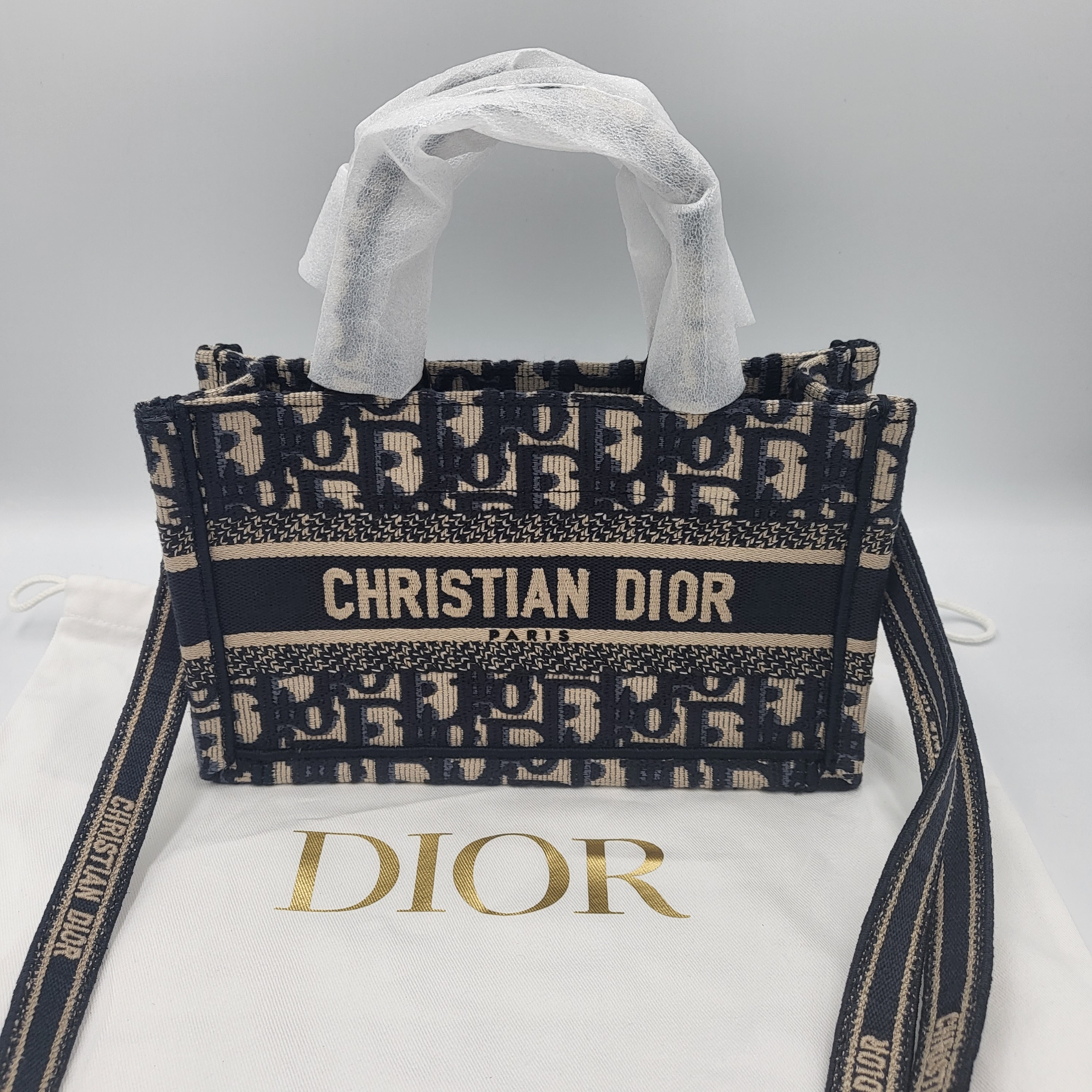 Mini Dior Book Tote with Strap Blue Beige Oblique Embroidery 착용 스타일 - 2