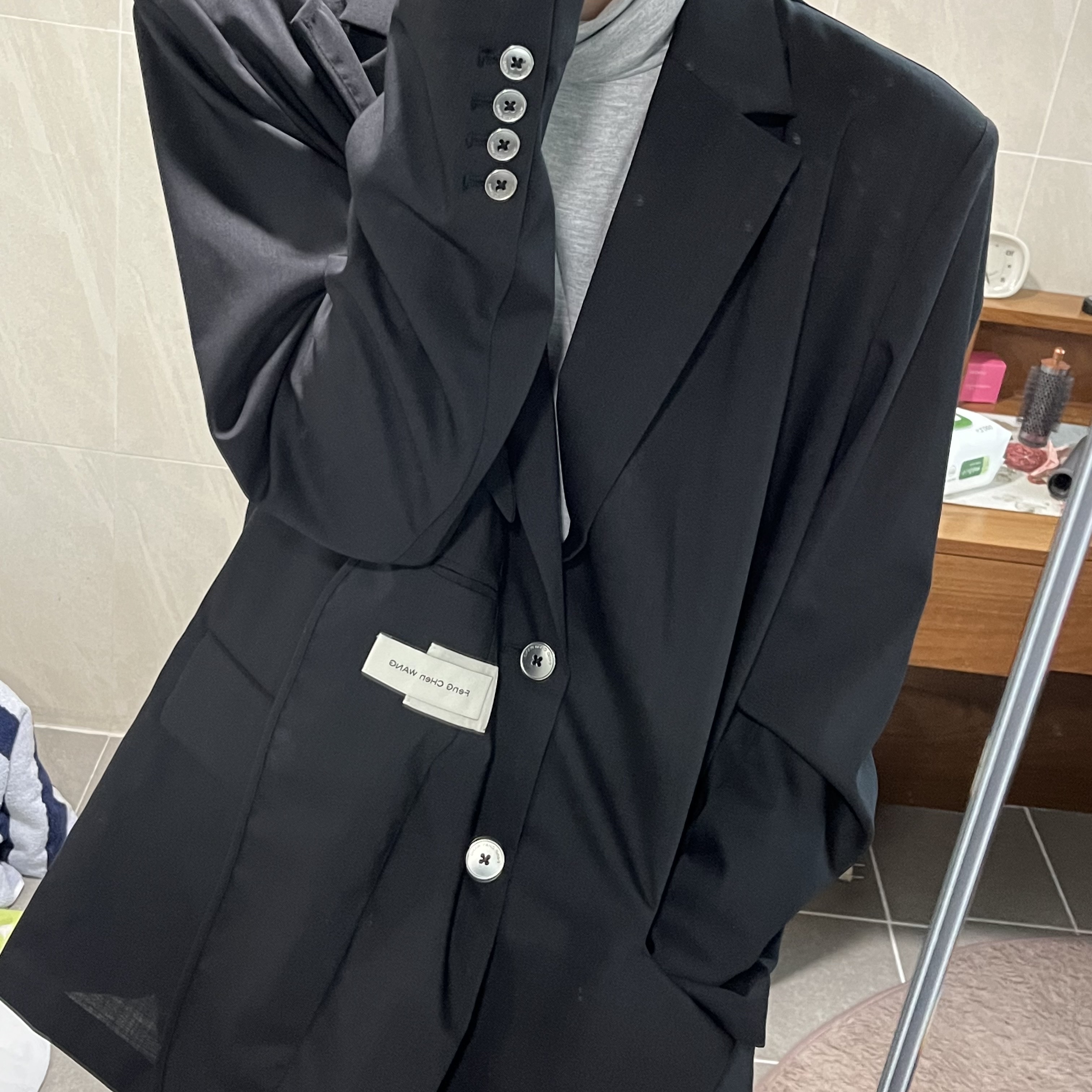 Polyteru Turtle Neck Sleeve Melange Gray 착용 스타일 - 2