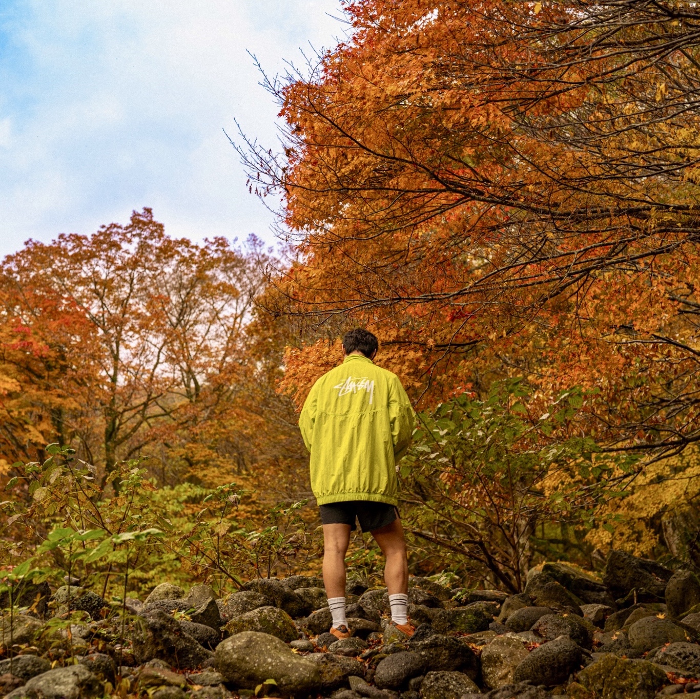 Nike x Stussy Windrunner Jacket Bright Cactus 착용 스타일