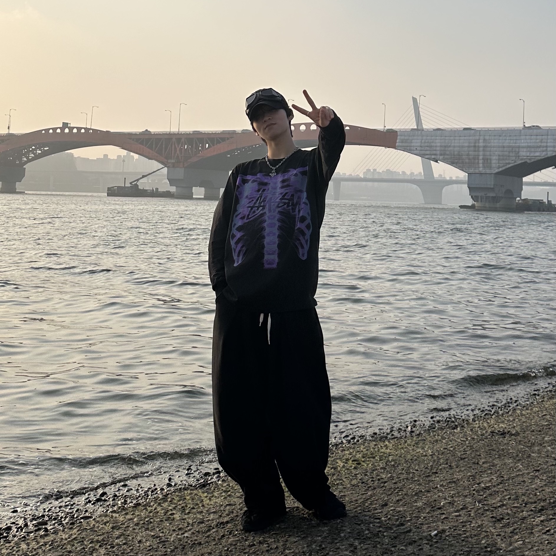 Stussy Rib Cage LS T-Shirt Black, Asics Gel-Sonoma 15-50 Black 착용 스타일 - 4