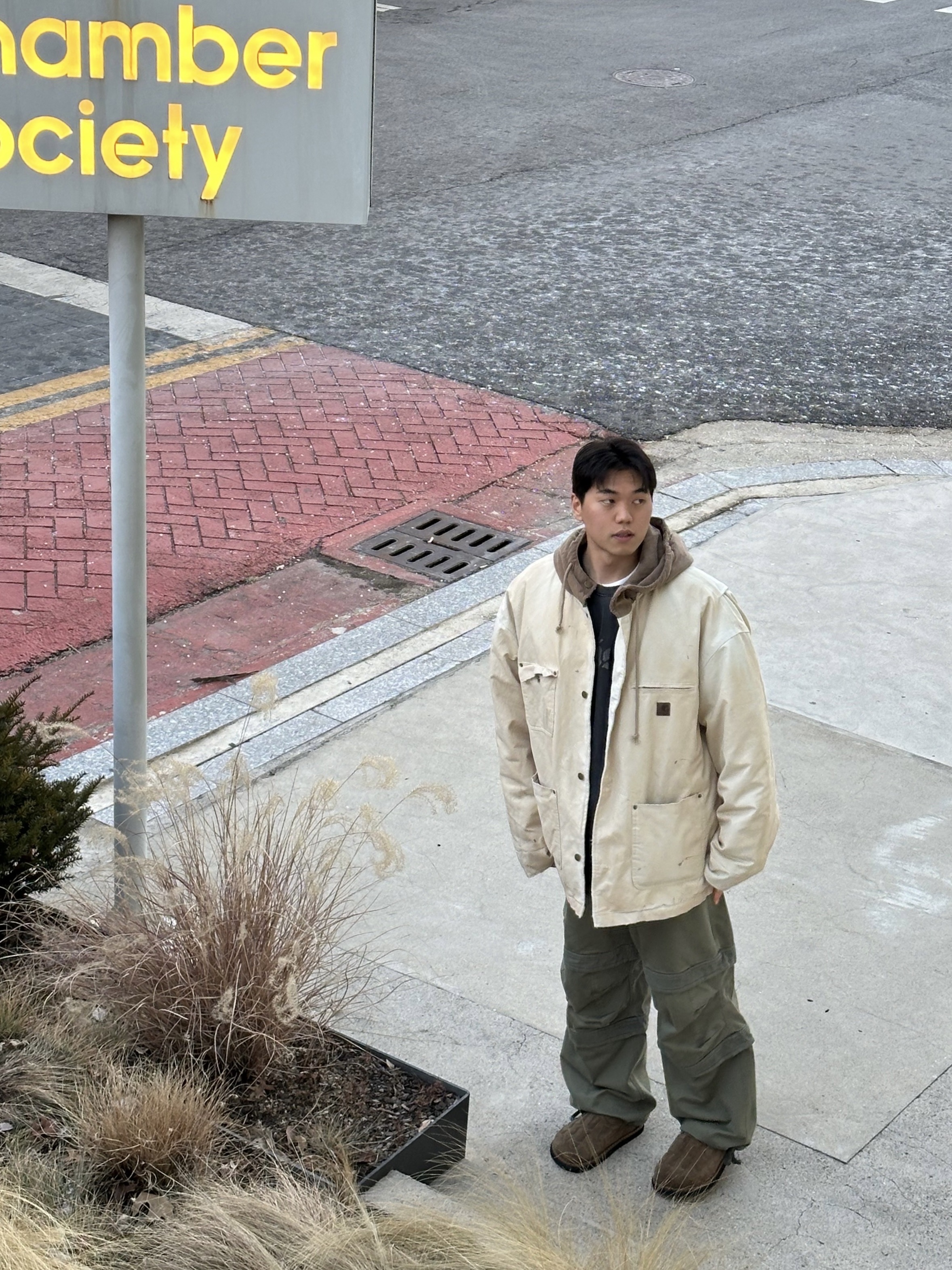 Project G/R Oversized Chore Work Jacket Beige, Farfromwhat Far Layered Work Pants Olive 착용 스타일