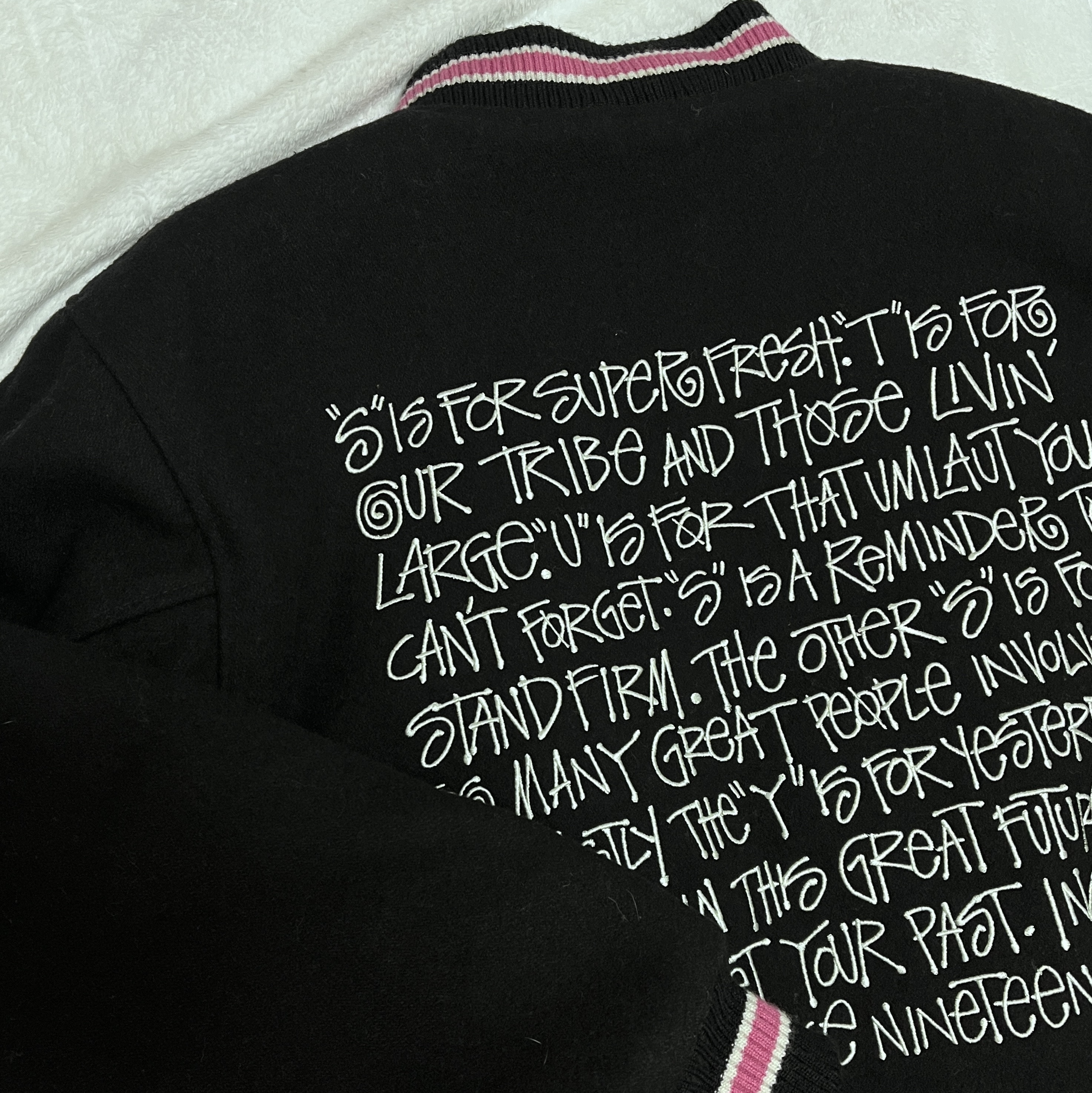 Stussy S Talk Melton Varsity Jacket Black 착용 스타일
