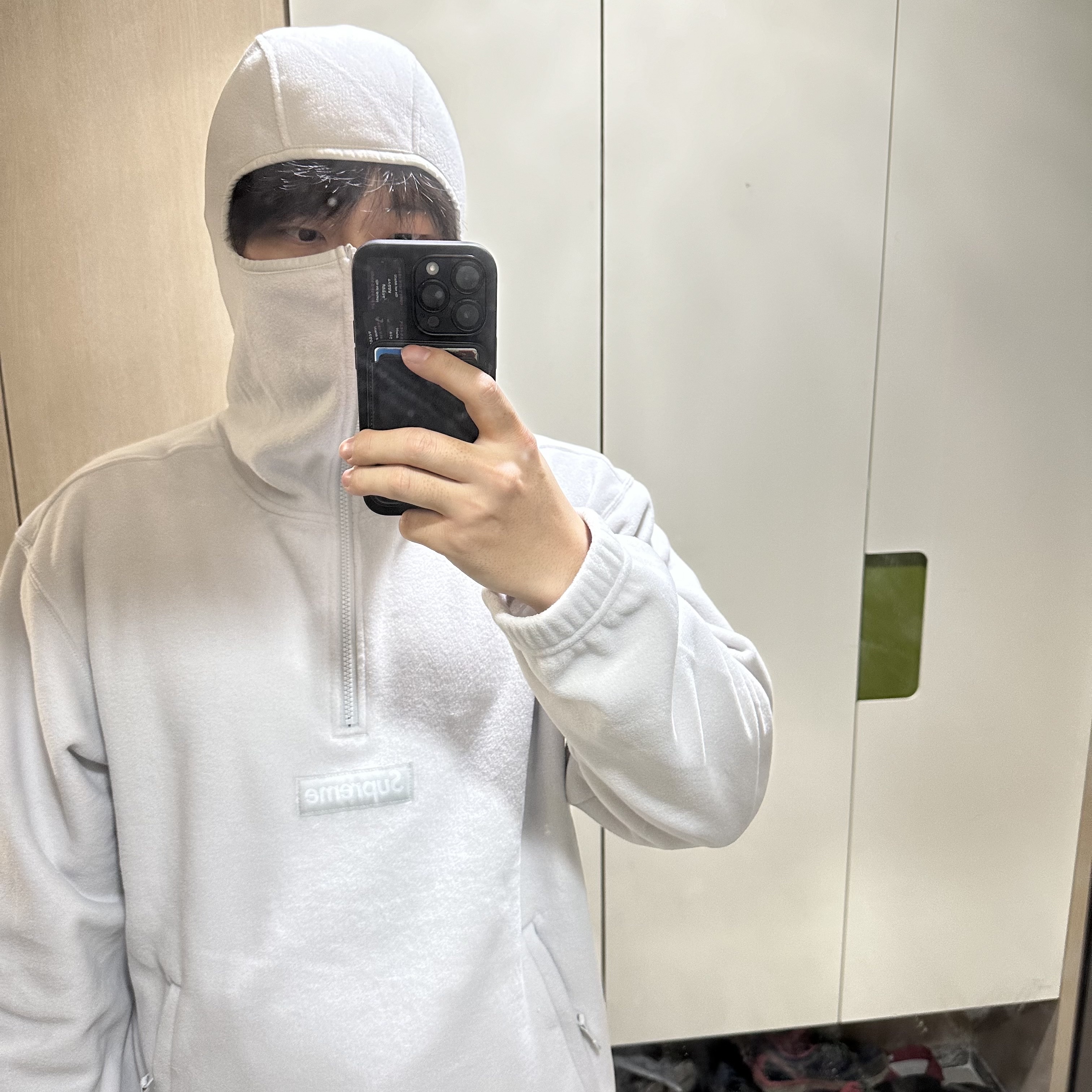 Supreme Polartec Facemask Half Zip Hooded Sweatshirt Light Grey - 23FW 착용 스타일
