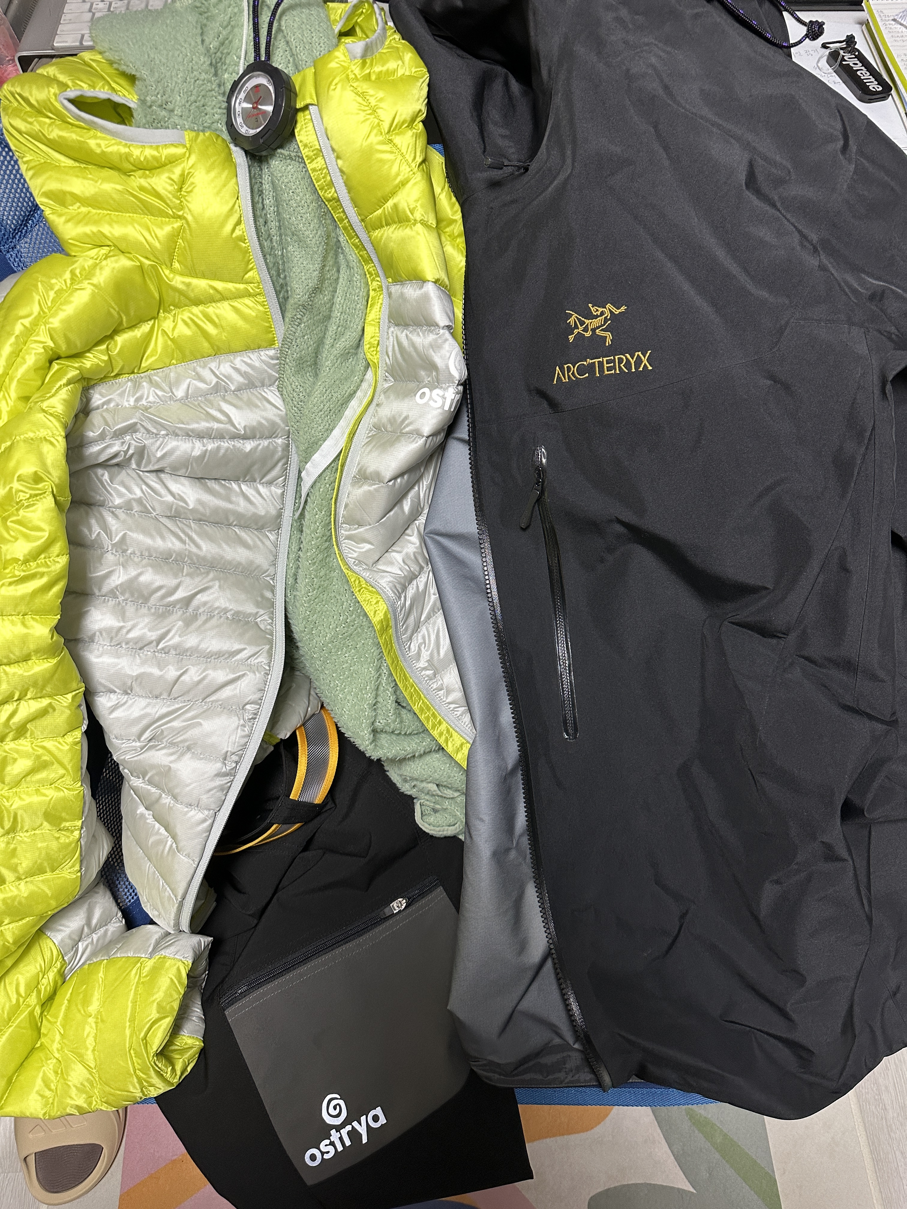Ostrya Sapwood Down Jacket Pear, Ostrya Alpine Soft Shell Pants Black 착용 스타일