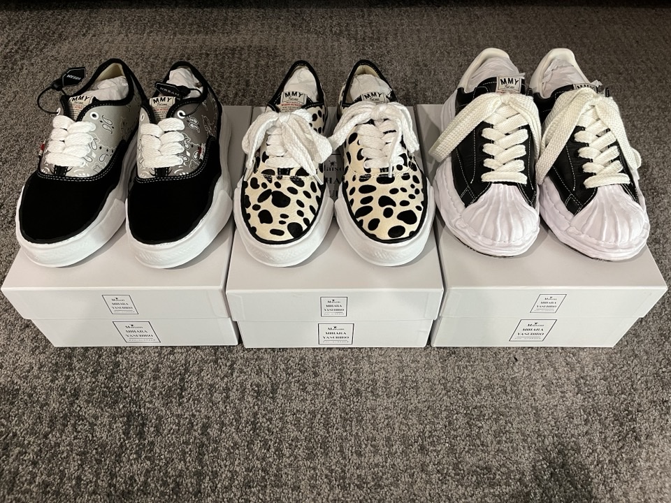Maison Mihara Yasuhiro Baker OG Sole OX Bandana Sneakers Black, Maison Mihara Yasuhiro Baker OG Sole Calf Hair Low-top Sneakers Dalmatian 착용 스타일