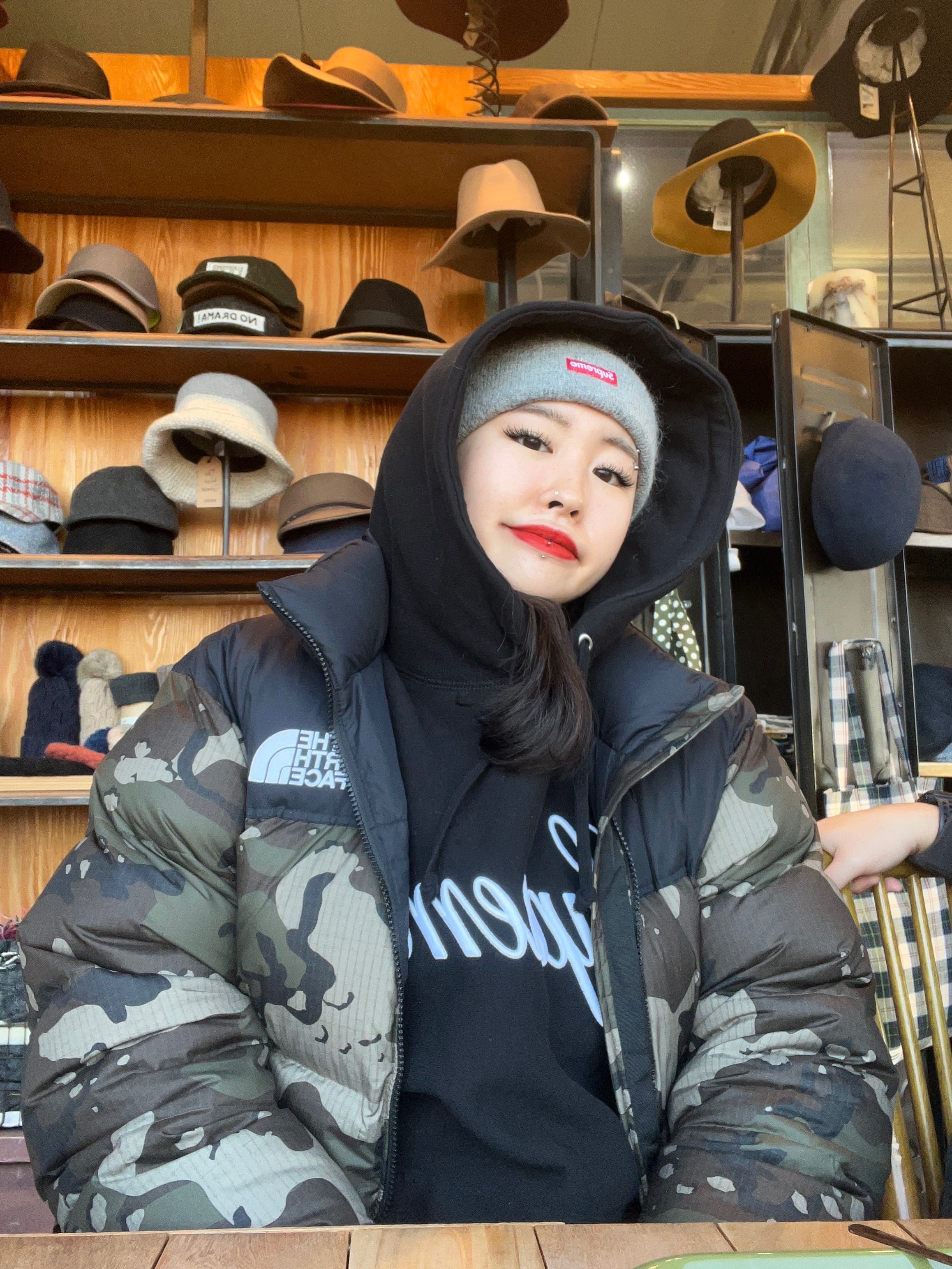 The North Face 1996 Novelty Nuptse Jacket Woodland Camo, Supreme Raised Script Hooded Sweatshirt Black - 23FW 착용 스타일