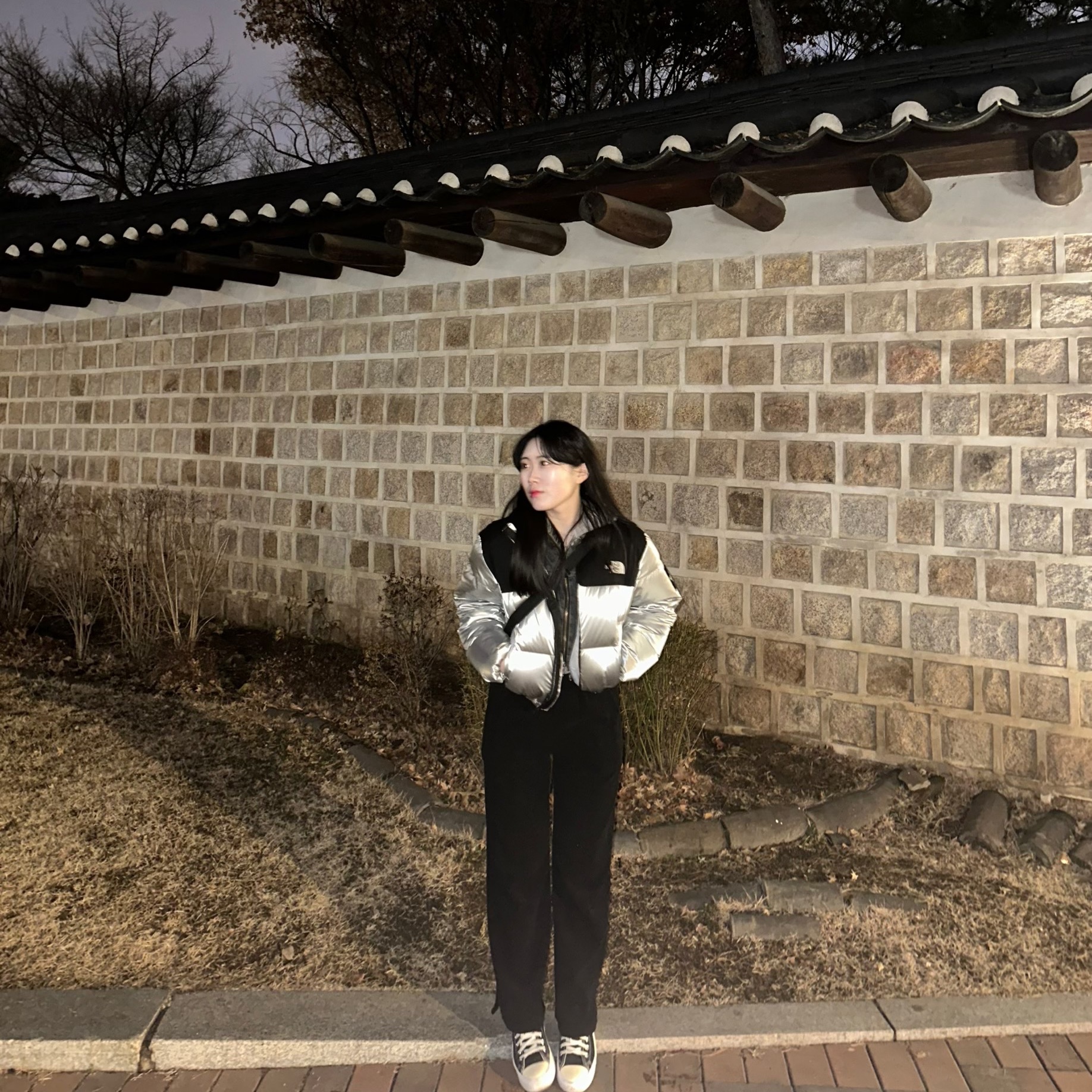(W) The North Face White Label Novelty Nuptse Down Jacket SE Silver, Converse Chuck Taylor All Star Move High Leather Black 착용 스타일 - 1