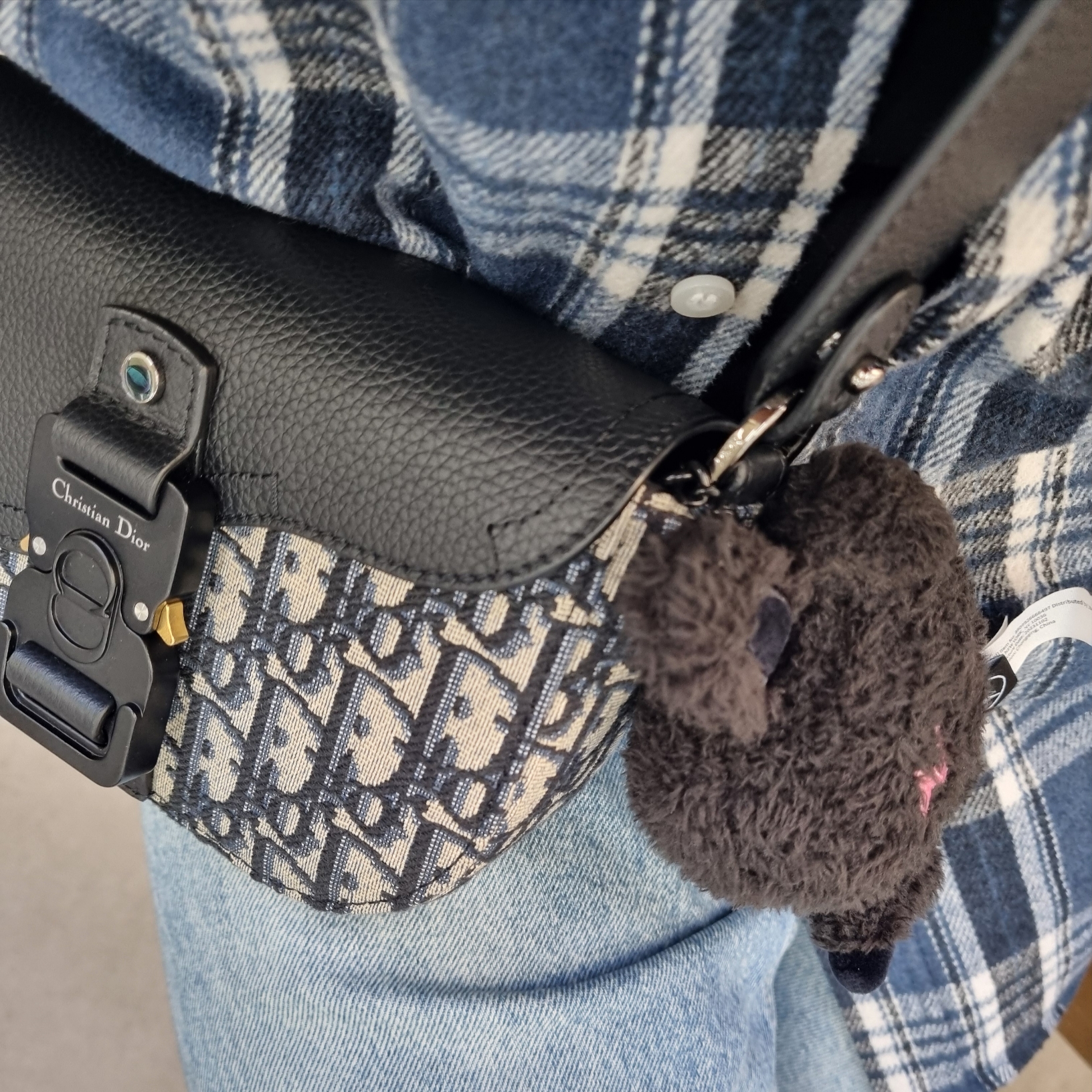 Dior Saddle Pouch with Strap Grained Calfskin Beige & Black Dior Oblique Jacquard Black 착용 스타일