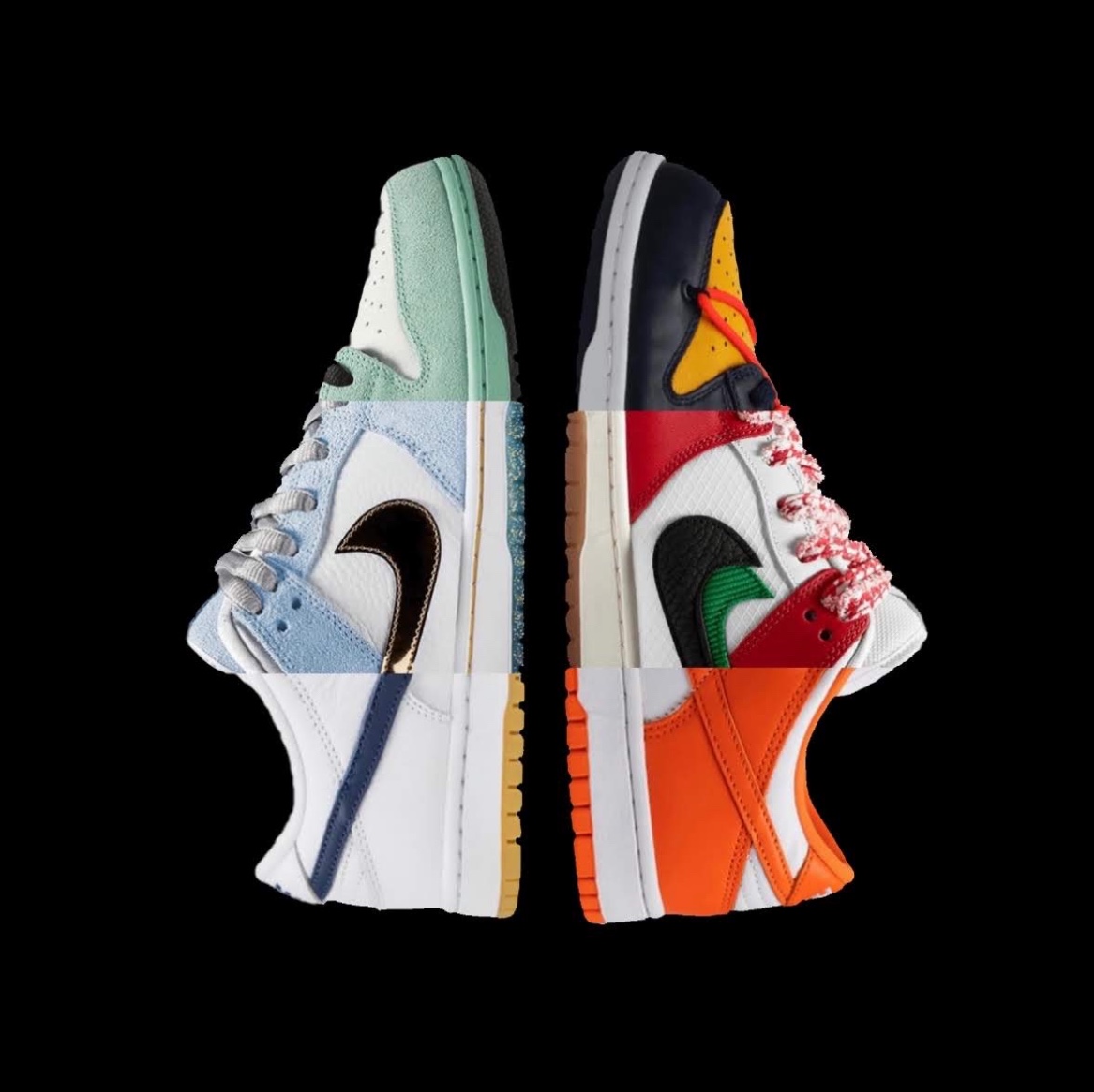 Nike x April Skateboards SB Dunk Low Pro QS Racer Blue Metallic Silver, Nike x Off-White Dunk Low University Gold Midnight Navy 착용 스타일