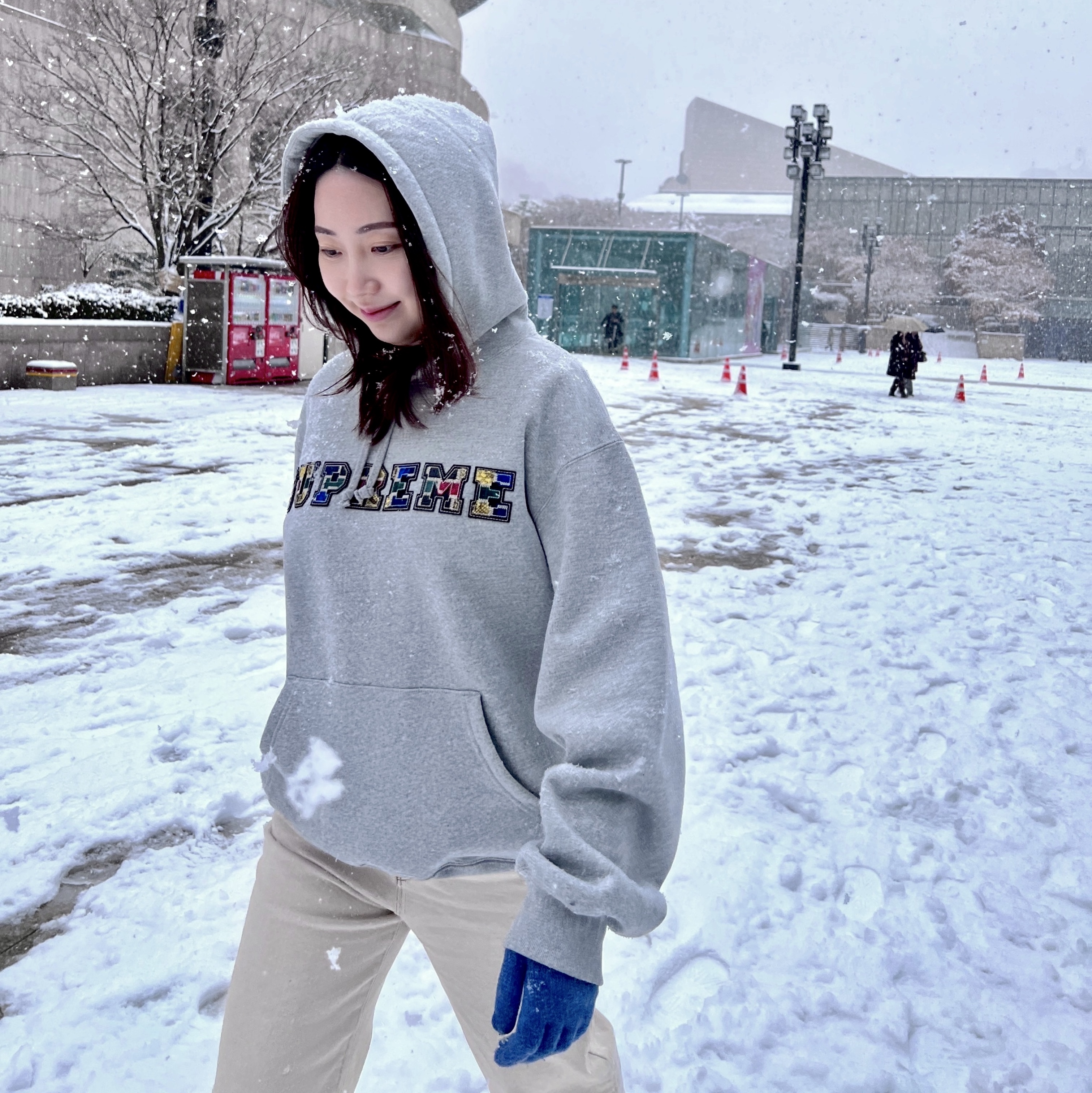 Supreme Collegiate Patchwork Leather Hooded Sweatshirt Heather Grey - 23FW 착용 스타일