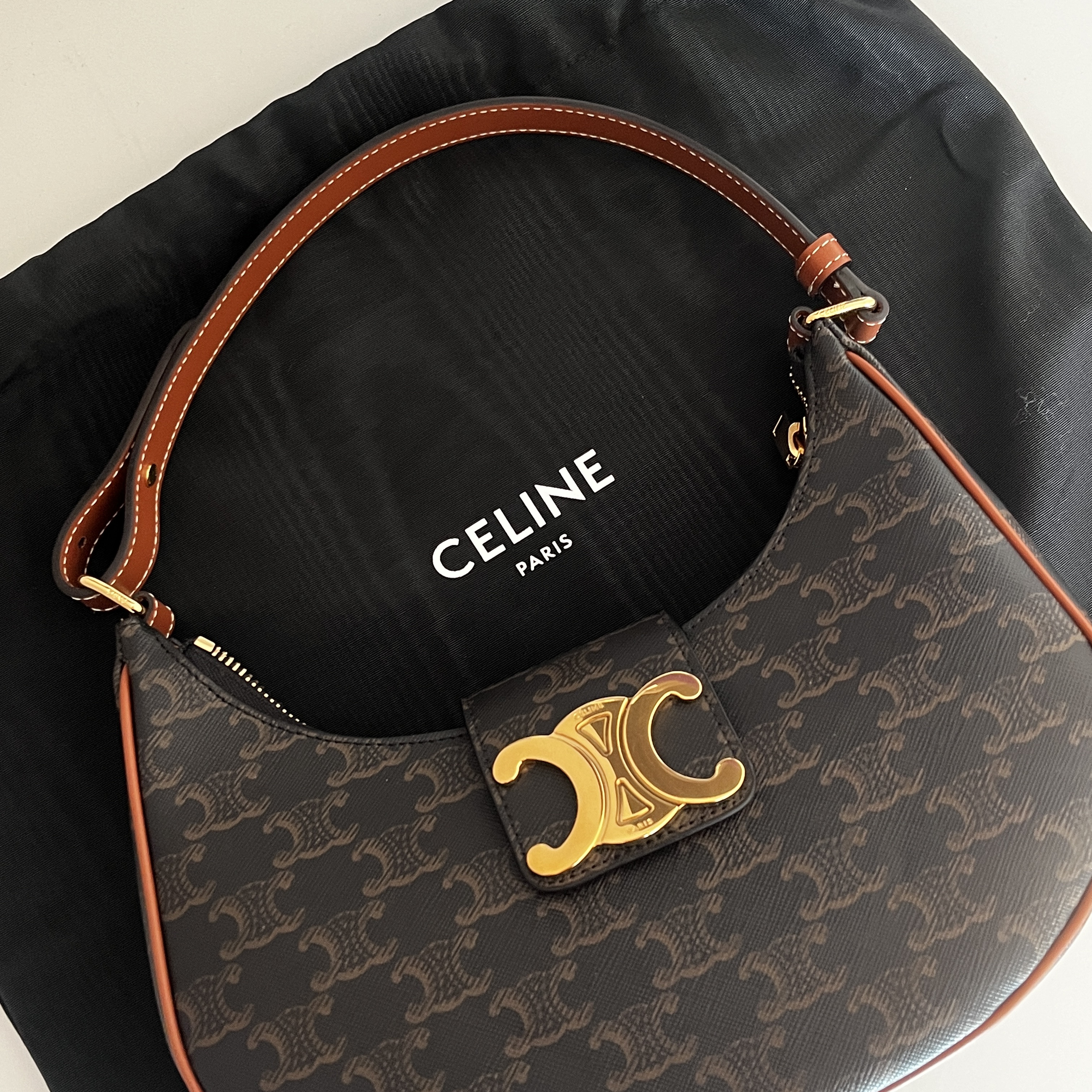 Celine Medium Ava Triomphe Bag in Triomphe Canvas Calfskin Tan 착용 스타일