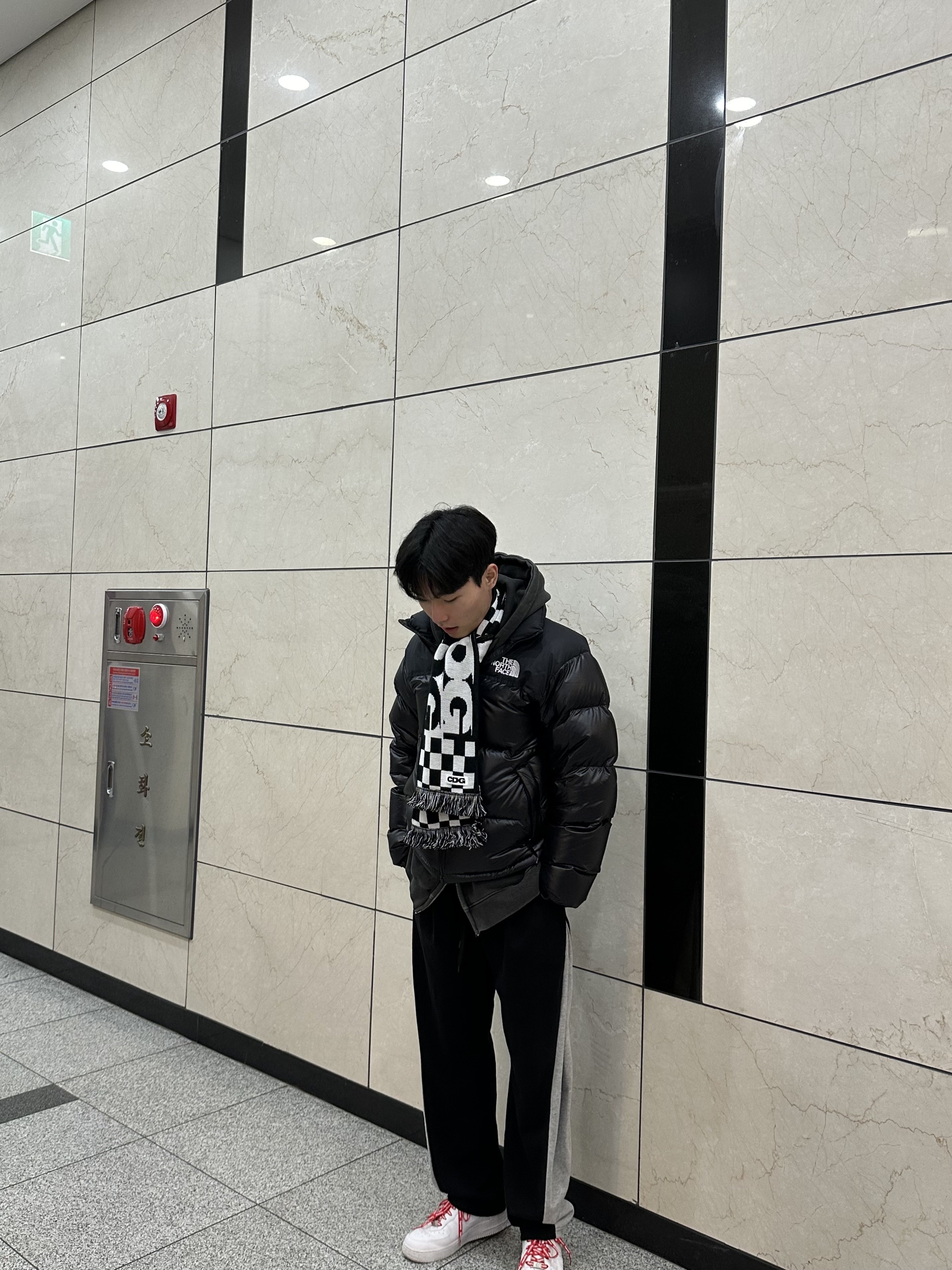 CDG Logo Check Muffler White Black, The North Face 1996 Eco Nuptse Jacket Real Black 착용 스타일