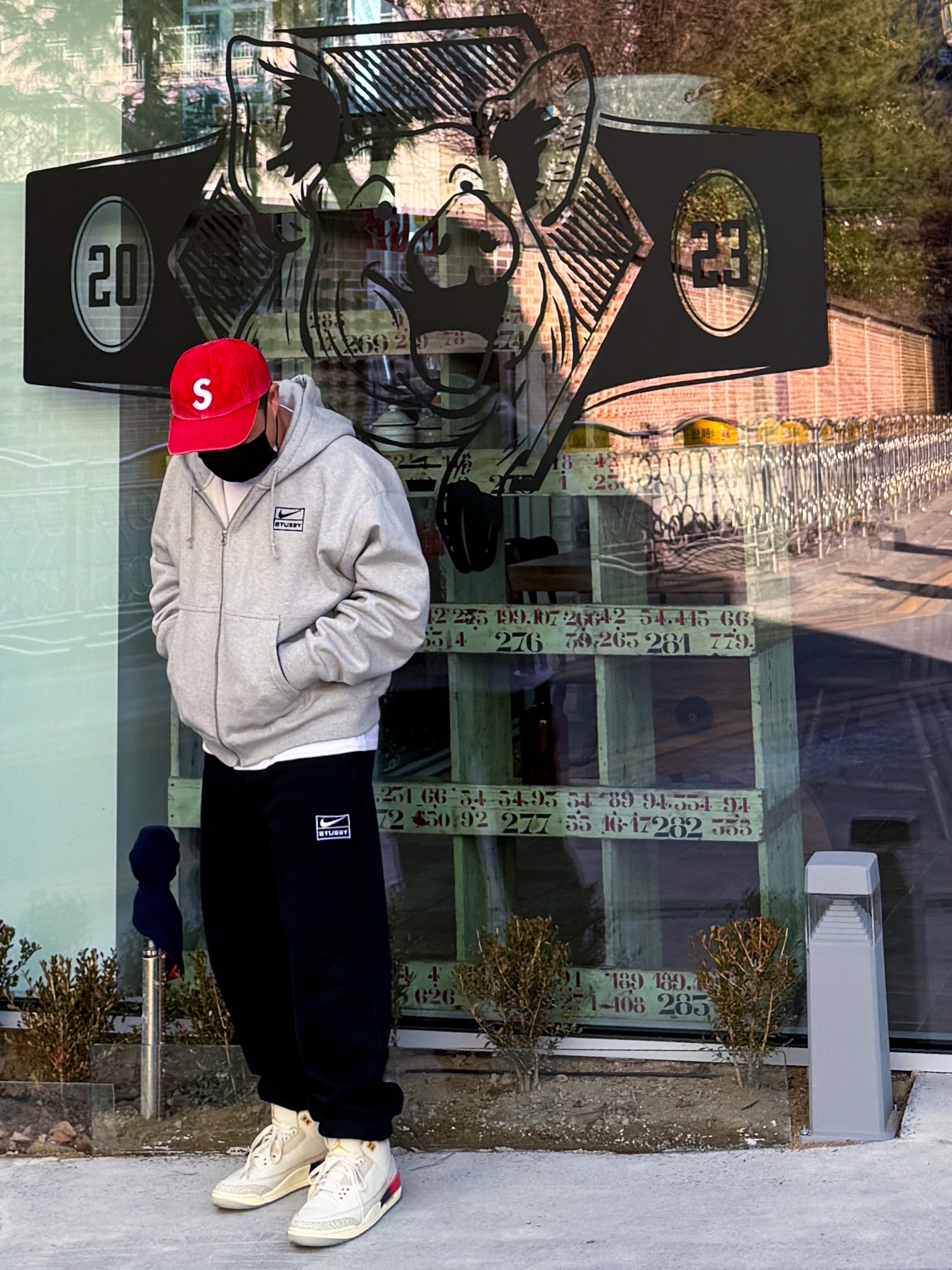 Jordan 3 x J Balvin Retro SP Sunset, Nike x Stussy Full Zip Fleece Hoodie Grey Heather (FJ9181-050) 착용 스타일