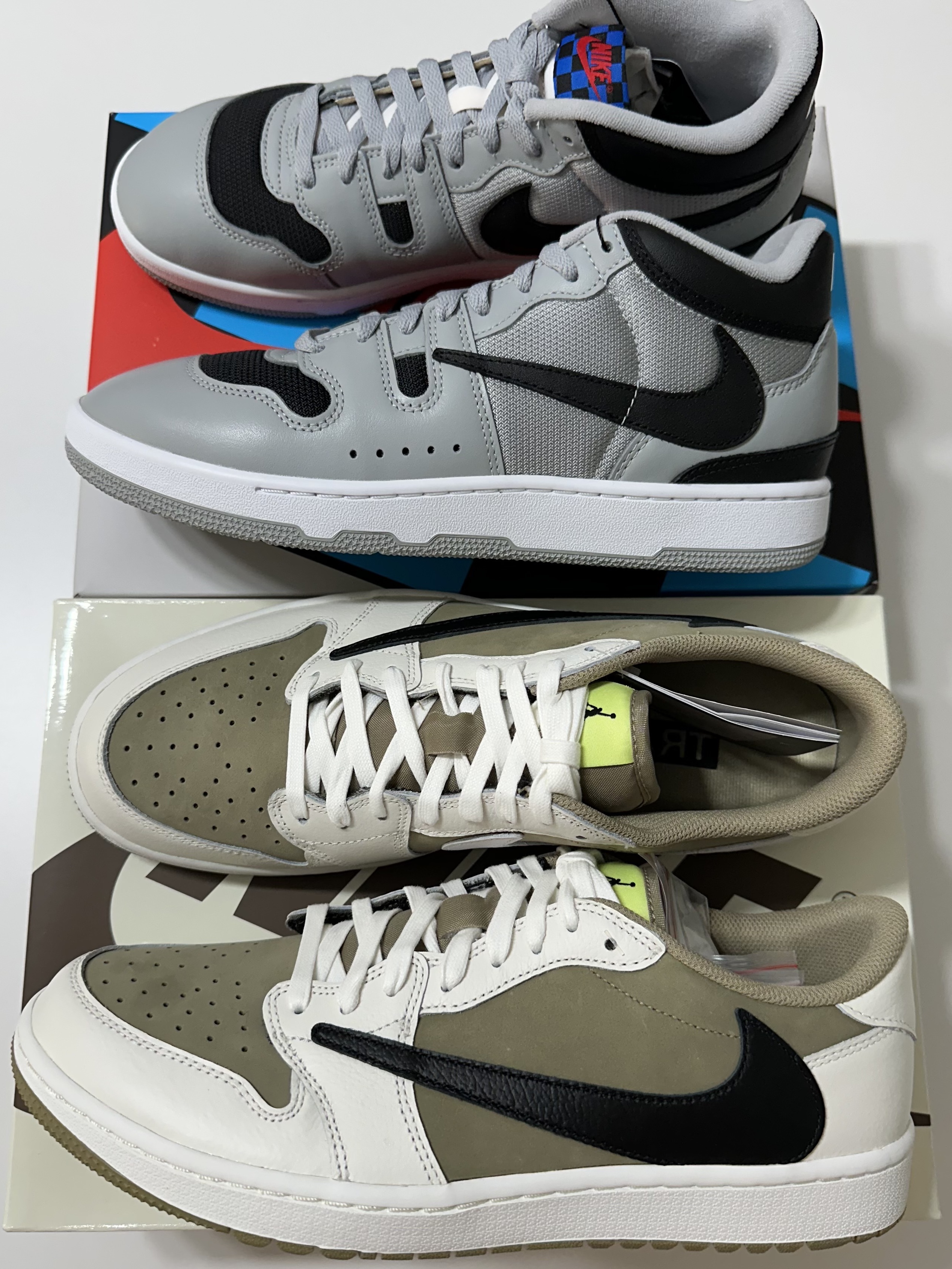 Nike x Travis Scott Mac Attack SP Light Smoke Grey, Jordan 1 x Travis Scott Retro Low Golf NRG Neutral Olive 착용 스타일